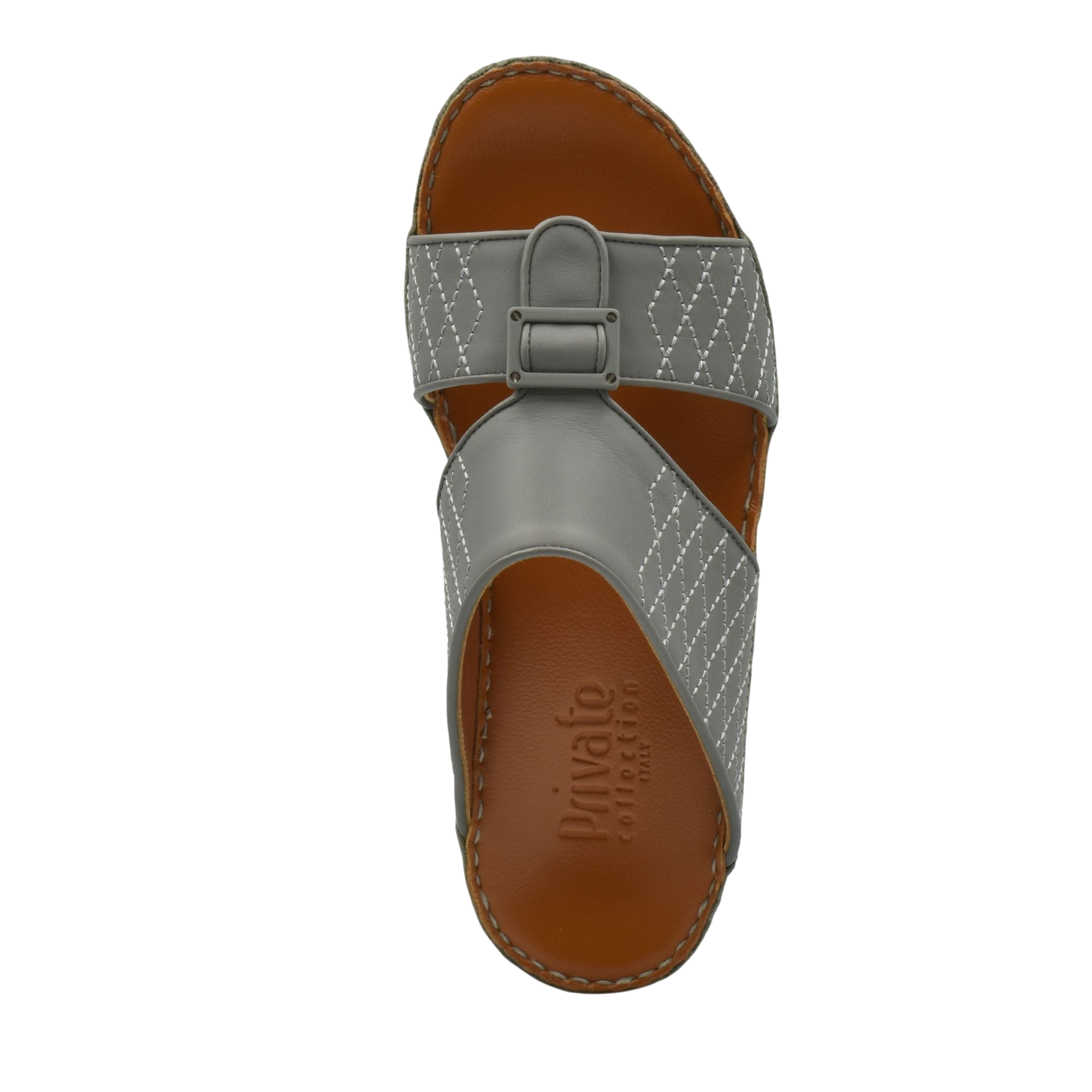 Top view of luxury calf leather sandals in gray with stitched detailing and buckle from Private Collection