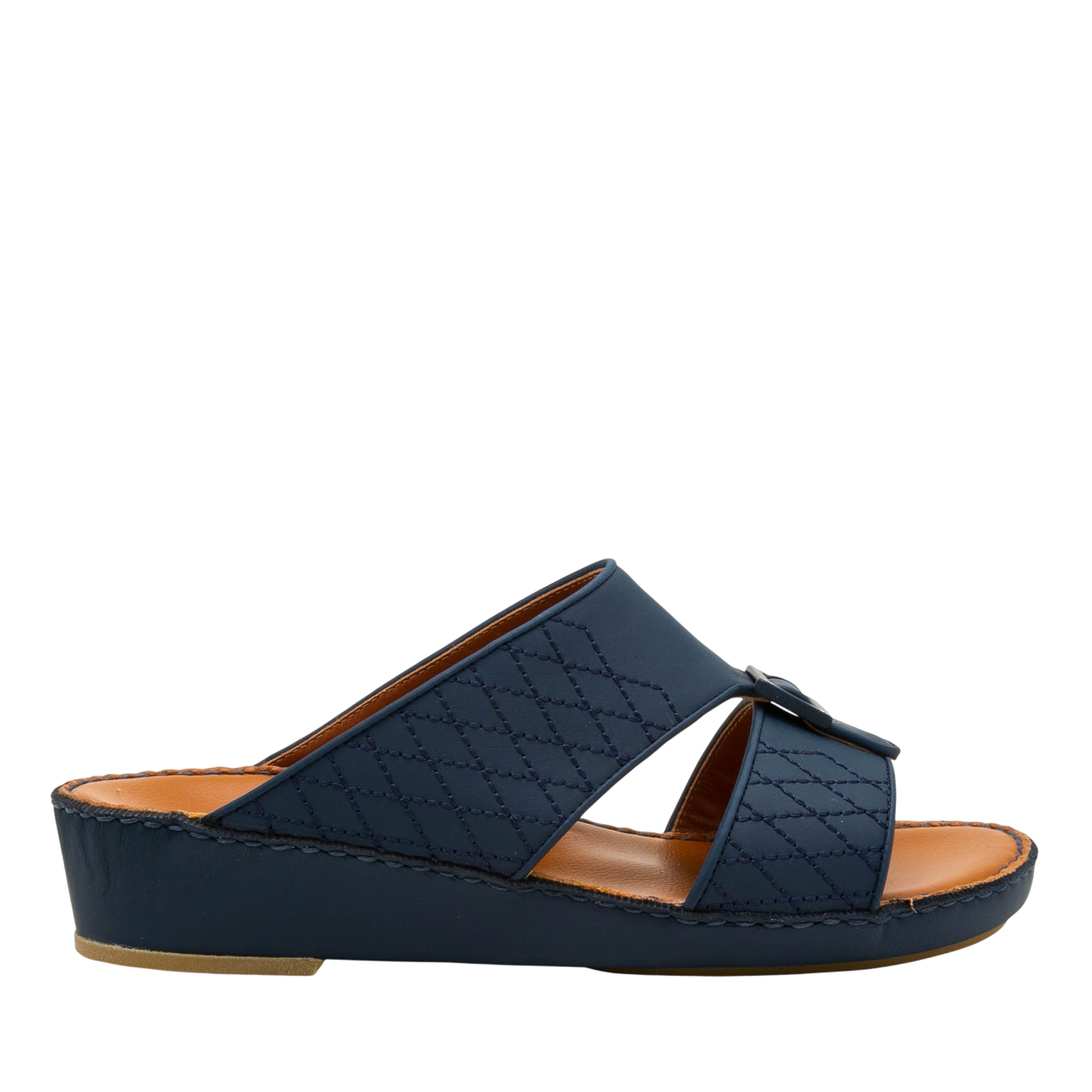 Navy blue luxury calf leather sandals with quilted straps and cushioned tan footbed