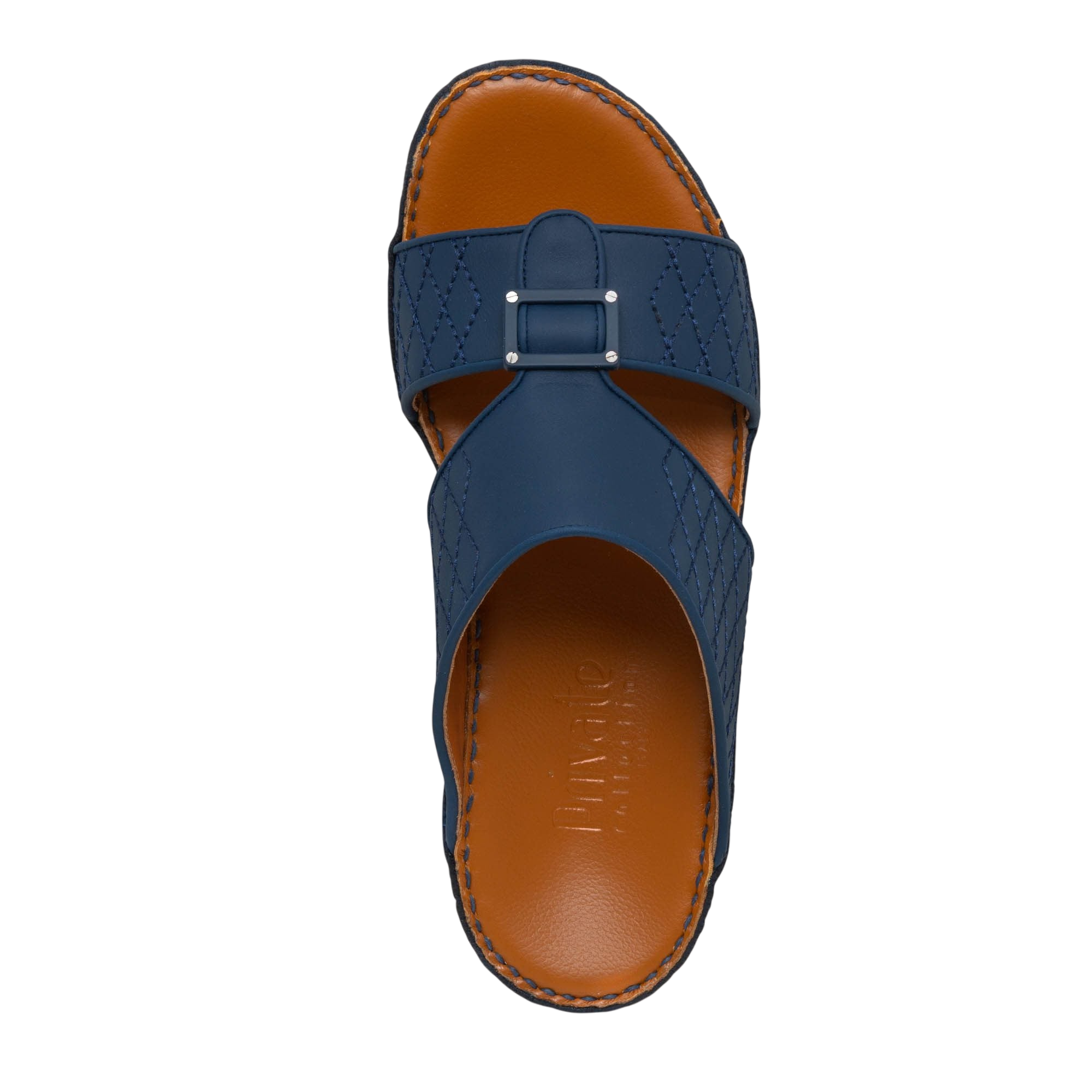 Luxury calf leather sandals in navy blue with stitched straps and a buckle detail