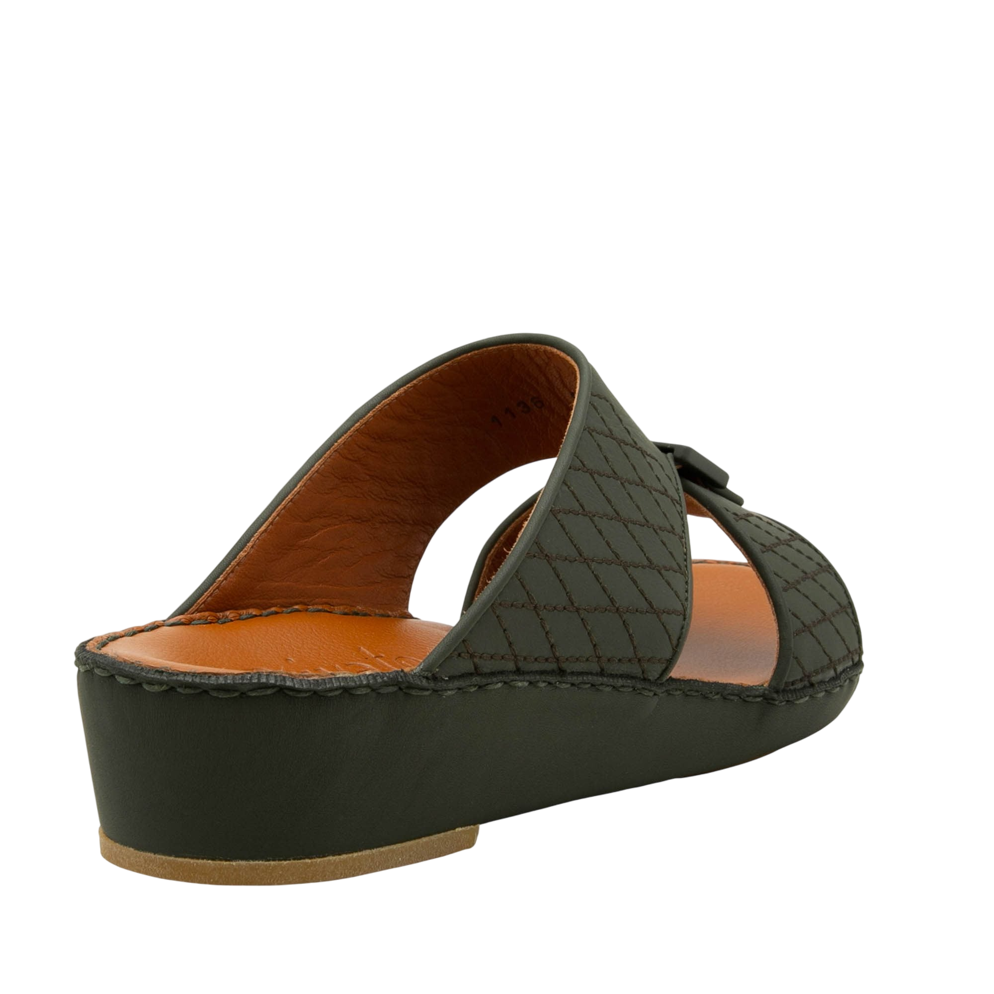 Luxury calf leather sandals in dark olive with quilted strap and cushioned sole from private collection