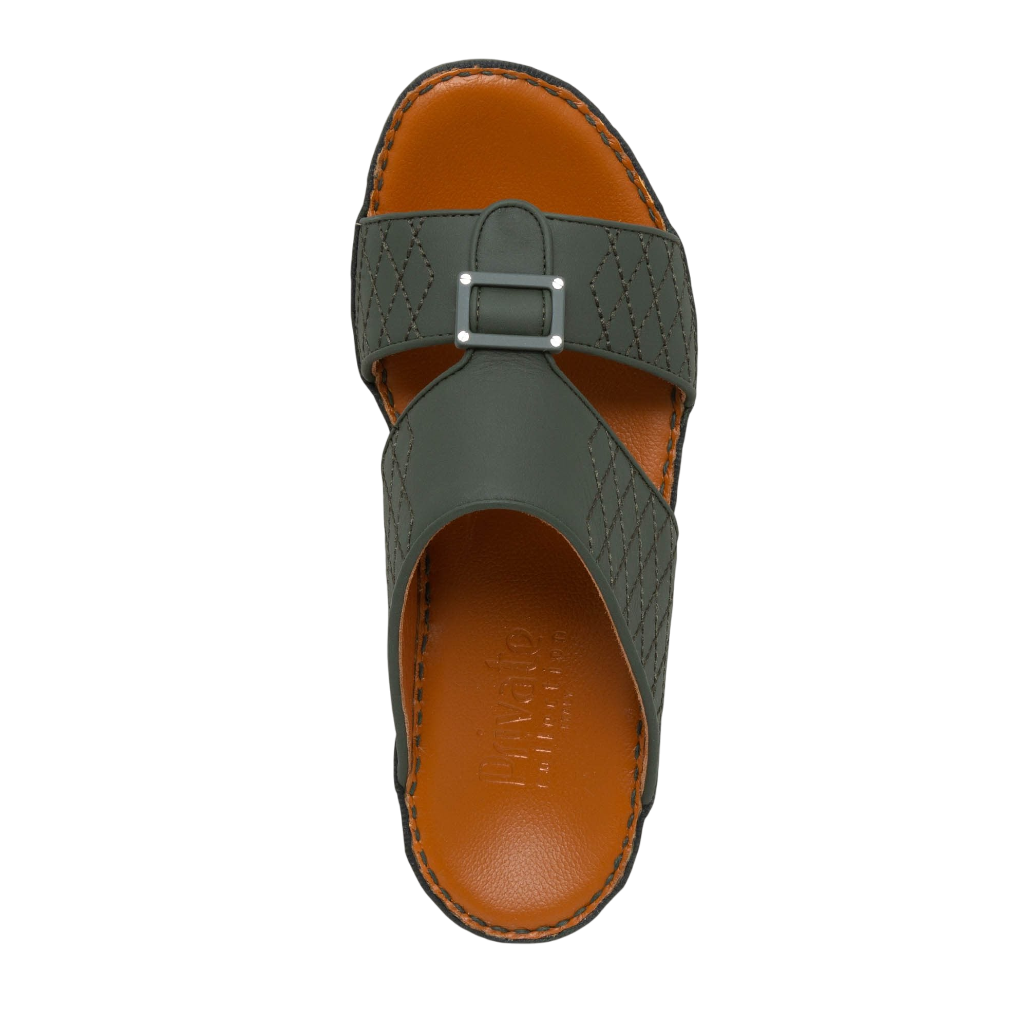 Top view of luxury calf leather sandals in gray with adjustable buckle and brown cushioned sole