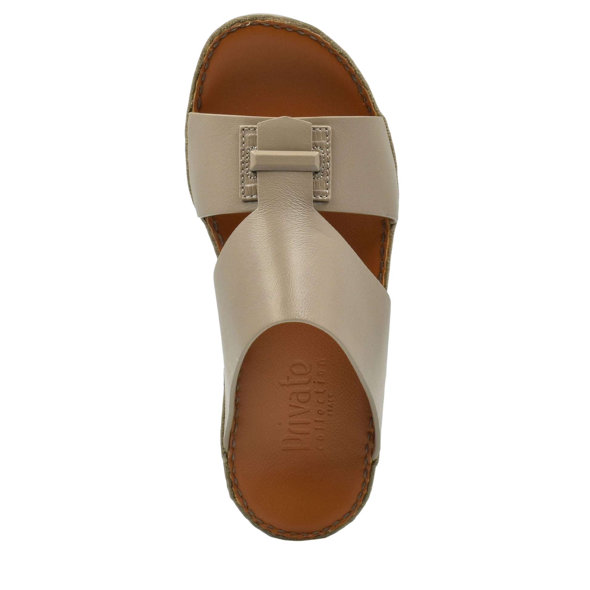 Top view of beige luxury leather sandals with stitched edges and cushioned footbed