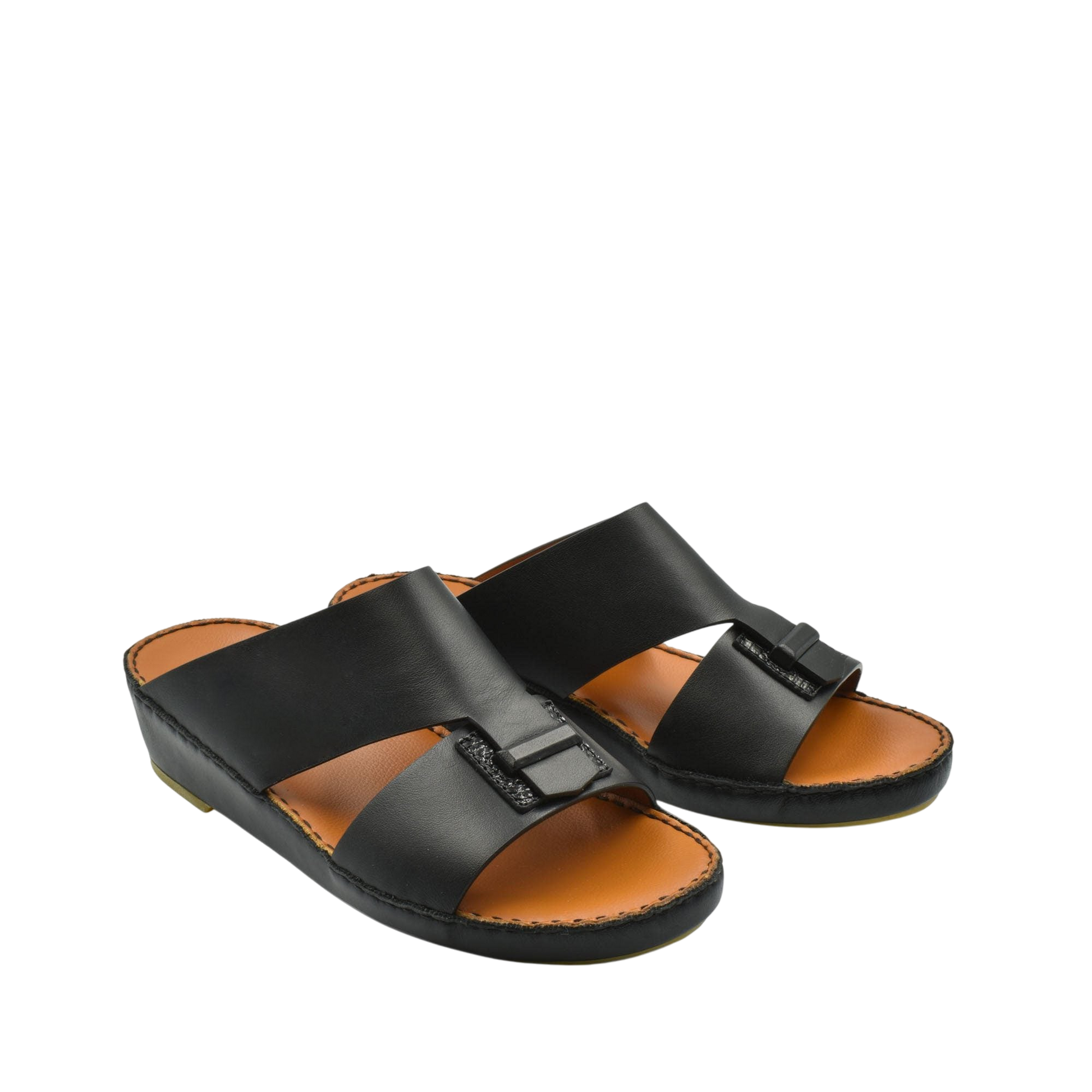 Black luxury leather sandals with wide straps and cushioned tan footbed from private collection