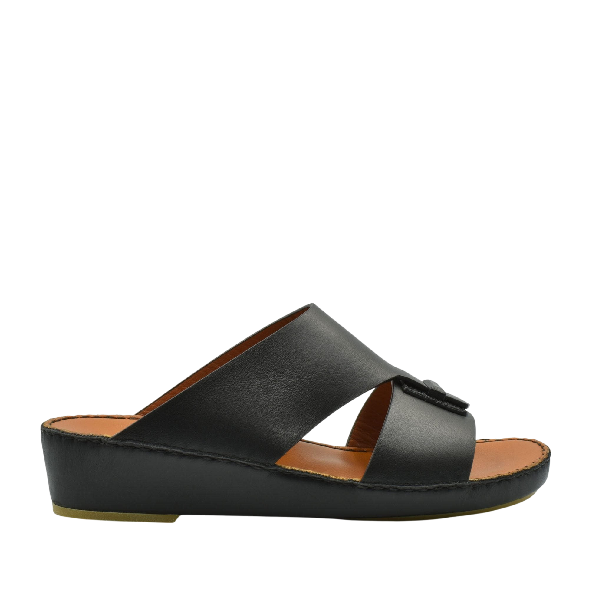 Black luxury leather sandals with open toe and cushioned sole from private collection
