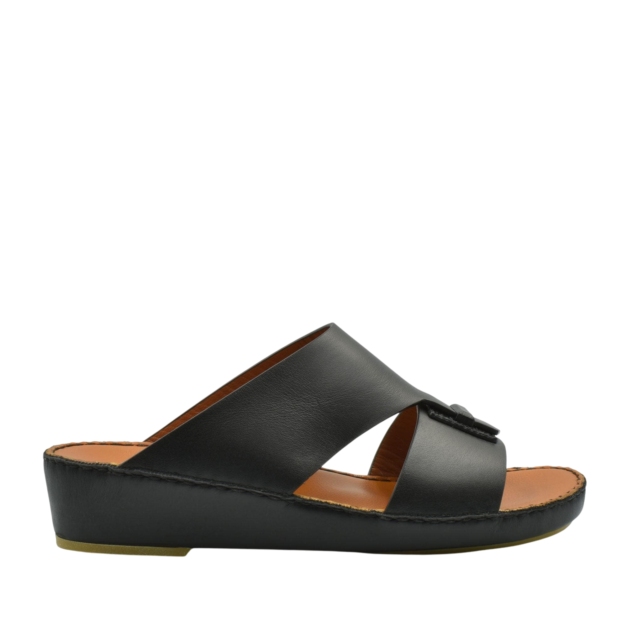 Black luxury leather sandals with open toe and cushioned sole from private collection