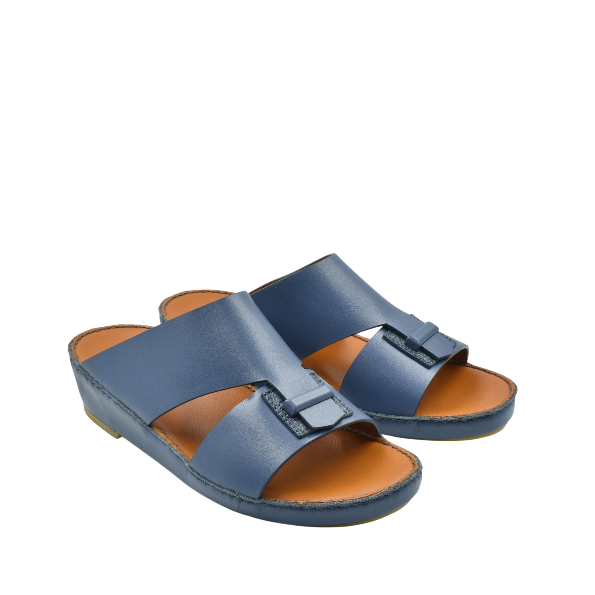 Blue luxury leather sandals with adjustable straps and cushioned footbed for comfortable wear