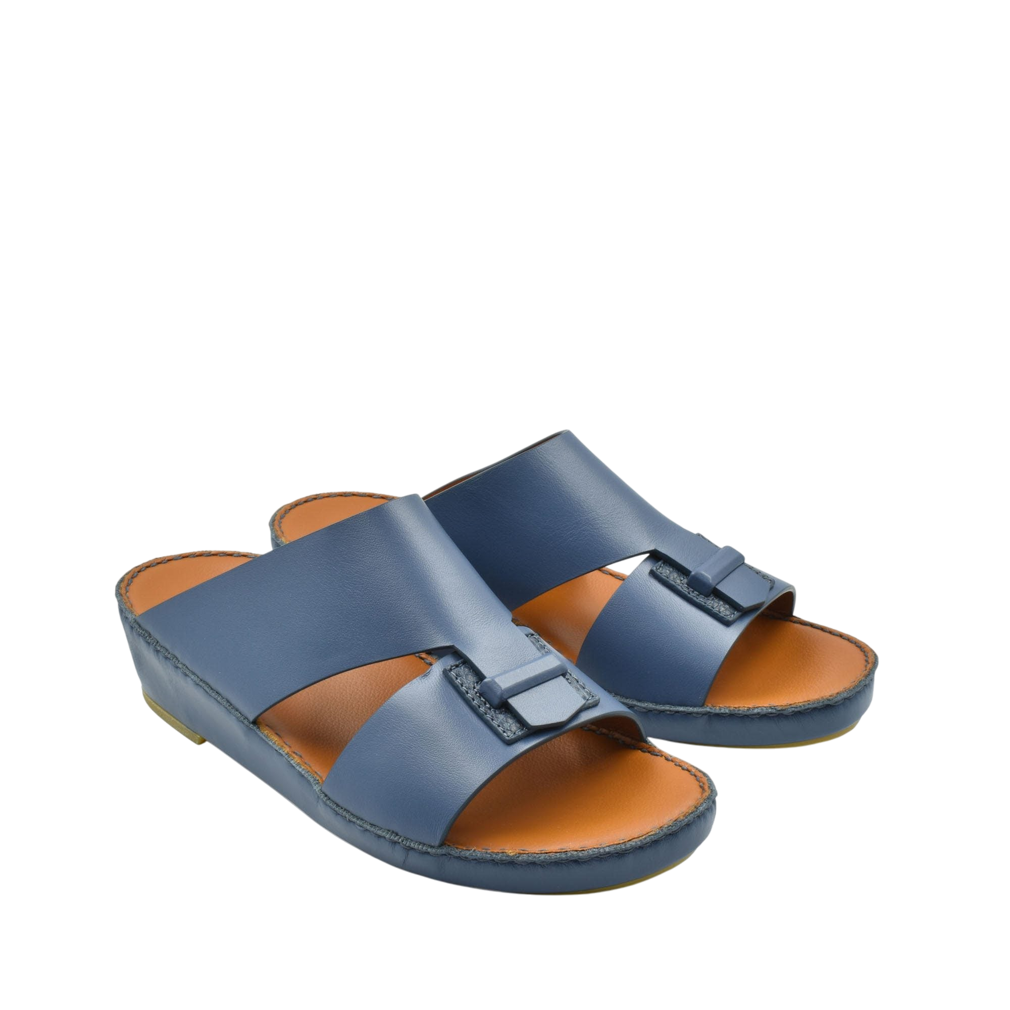 Blue luxury leather sandals with adjustable straps and cushioned footbed for comfortable wear