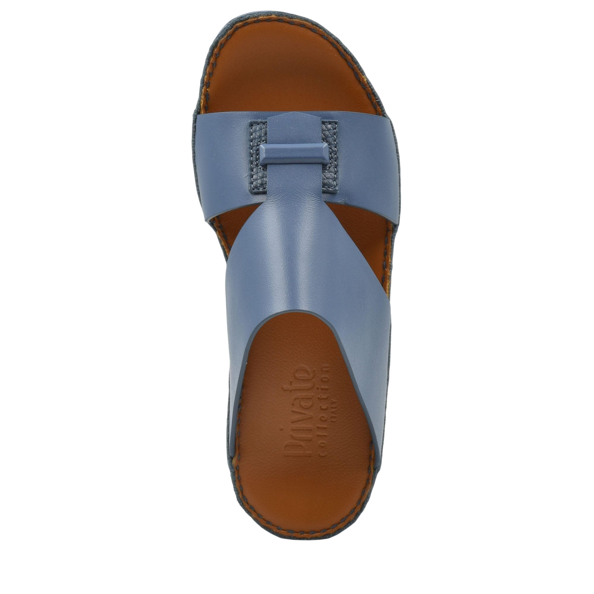 Top view of blue luxury leather sandals with stitched brown sole from Private Collection