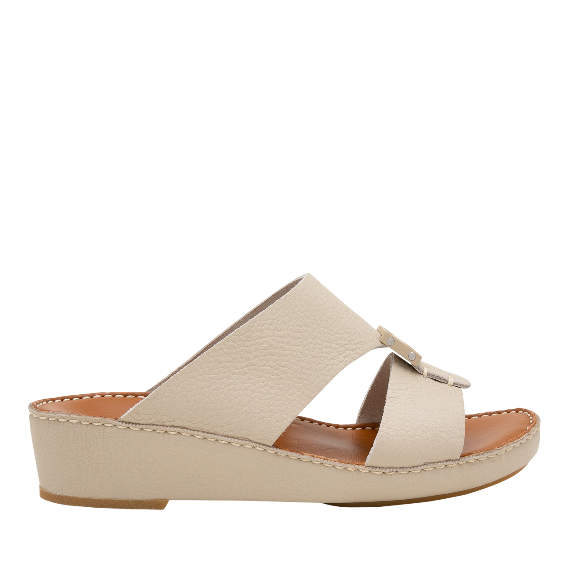 Beige luxury leather sandals with crisscross straps and low wedge heel from Private collection