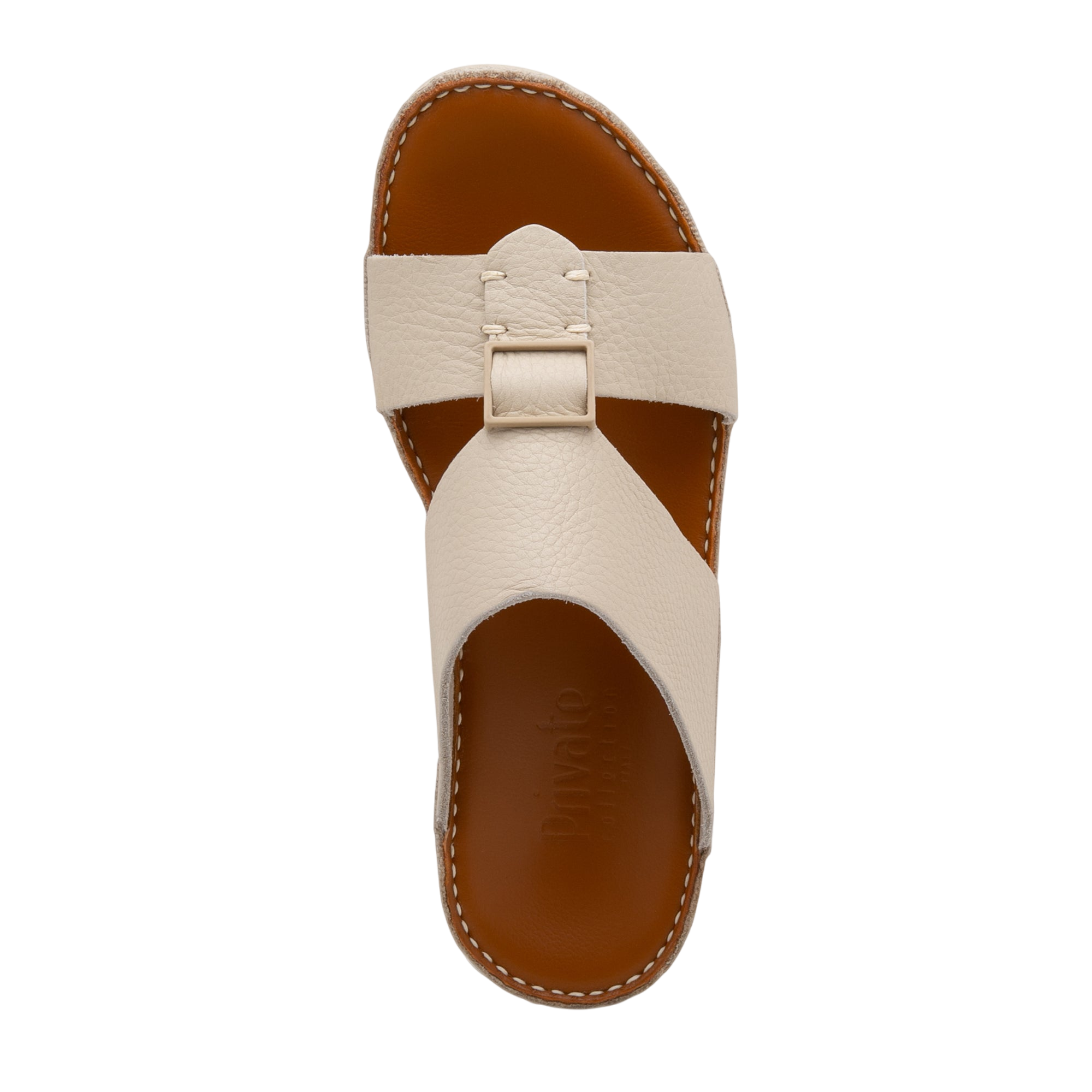 Beige luxury leather sandals with brown footbed and stitched detailing from Private Collection