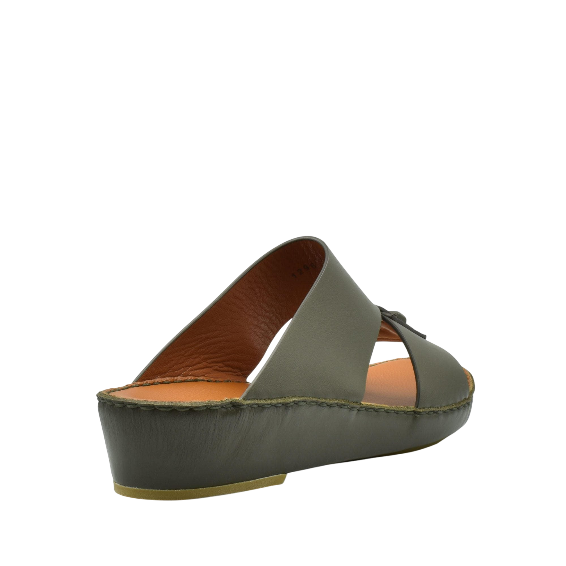 Olive green luxury leather sandals with open toe and stitched sole from private collection