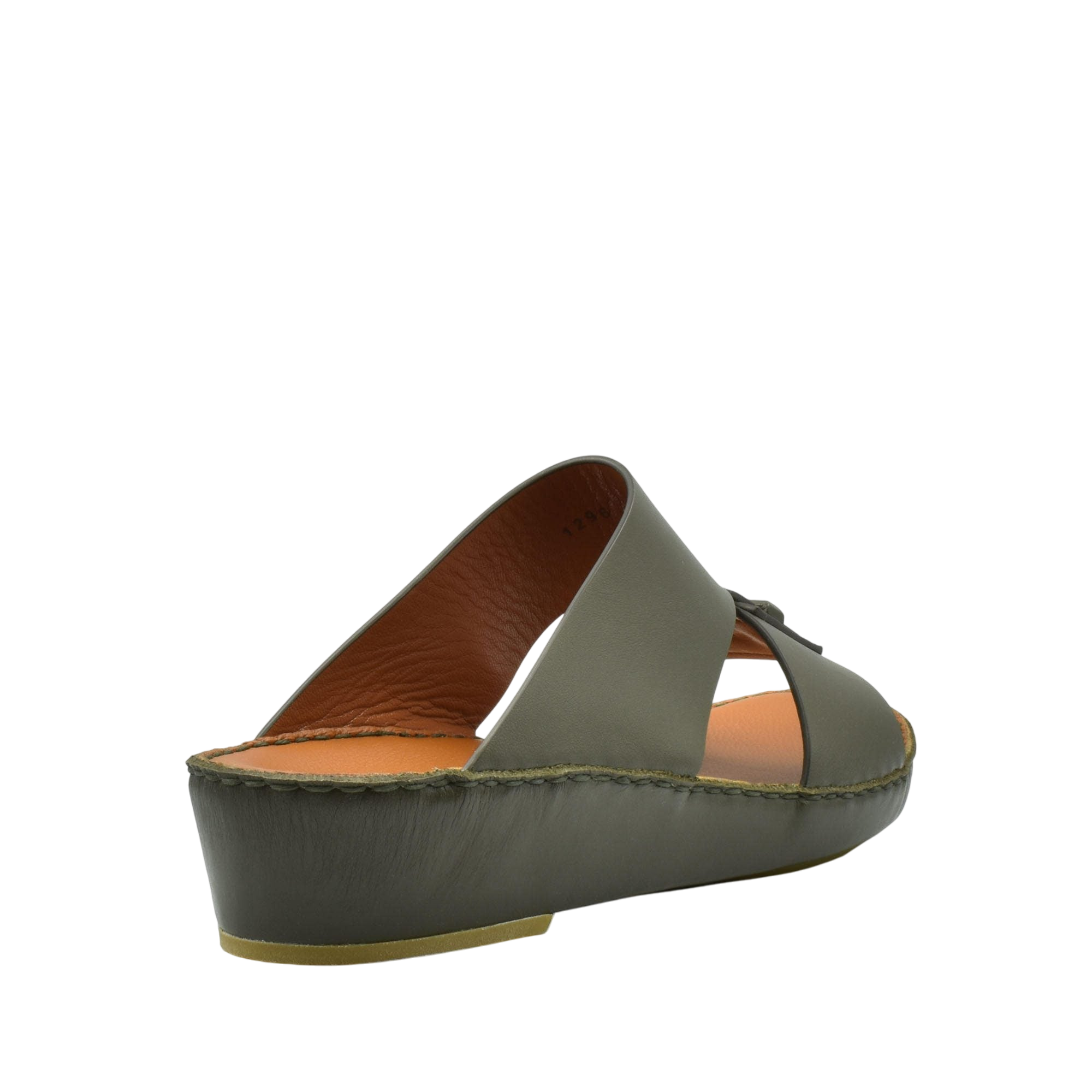 Olive green luxury leather sandals with open toe and stitched sole from private collection