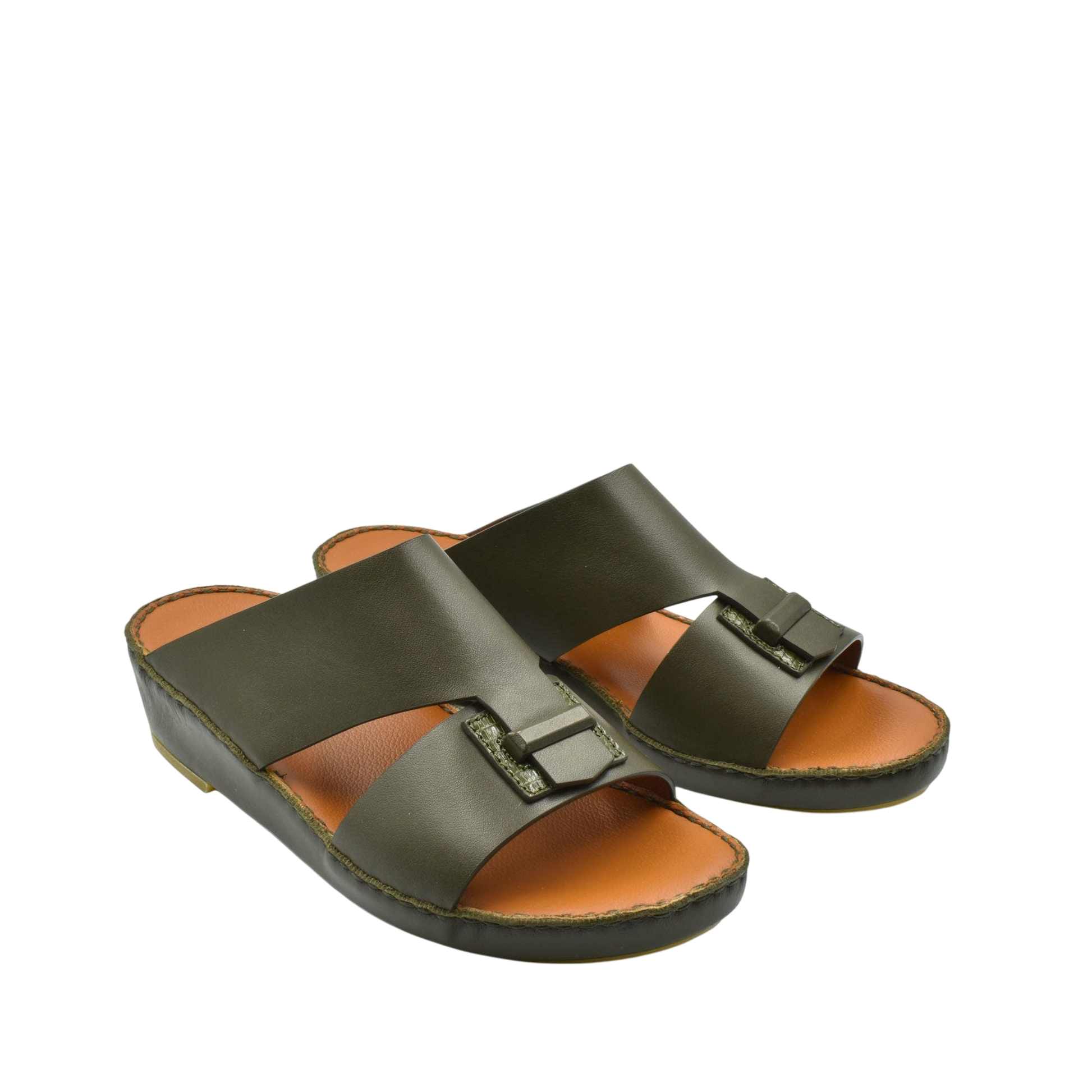 Pair of olive green luxury leather sandals with wide straps and buckle detail