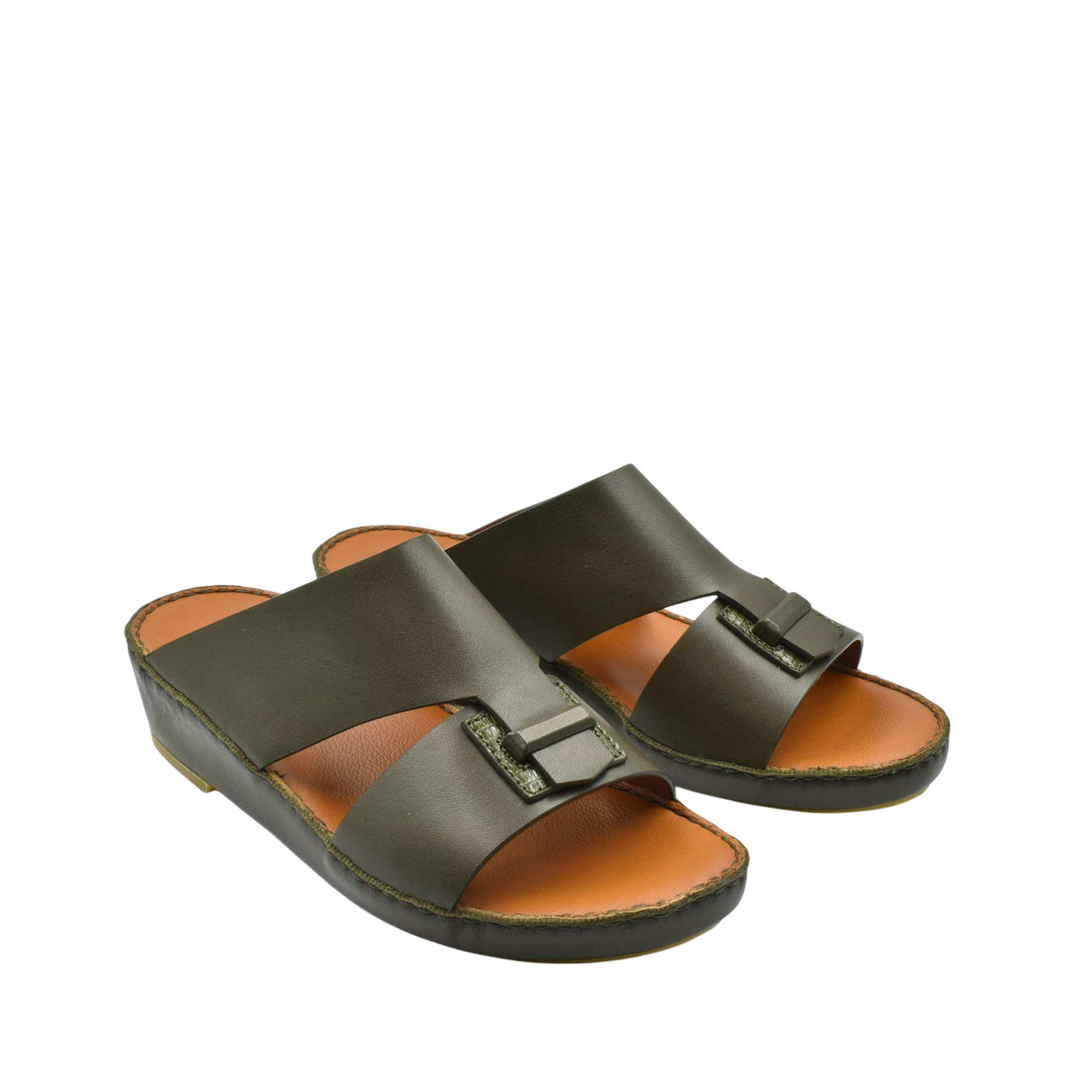 Pair of olive green luxury leather sandals with wide straps and buckle detail