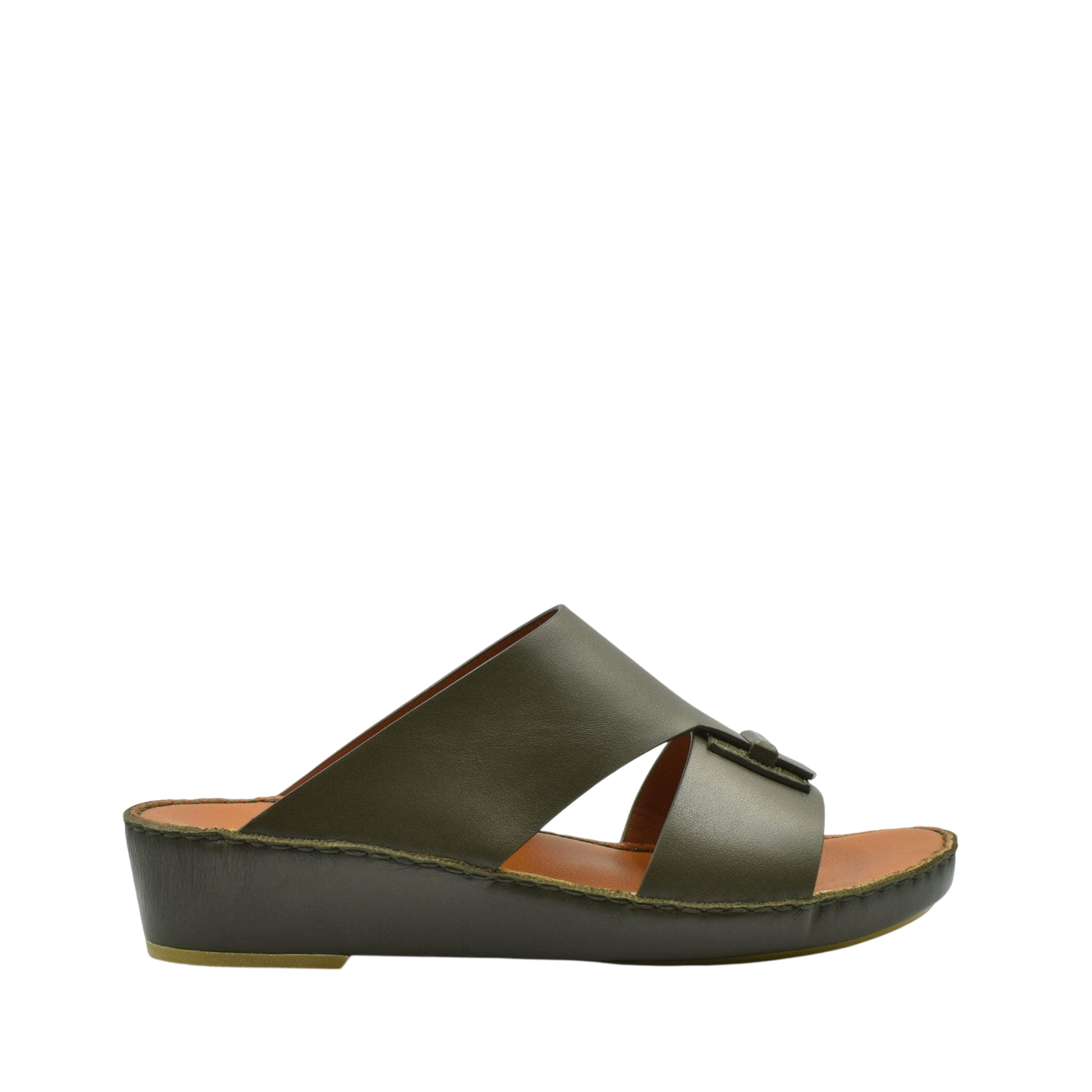 Olive green luxury leather sandals with open toe and cushioned sole from private collection