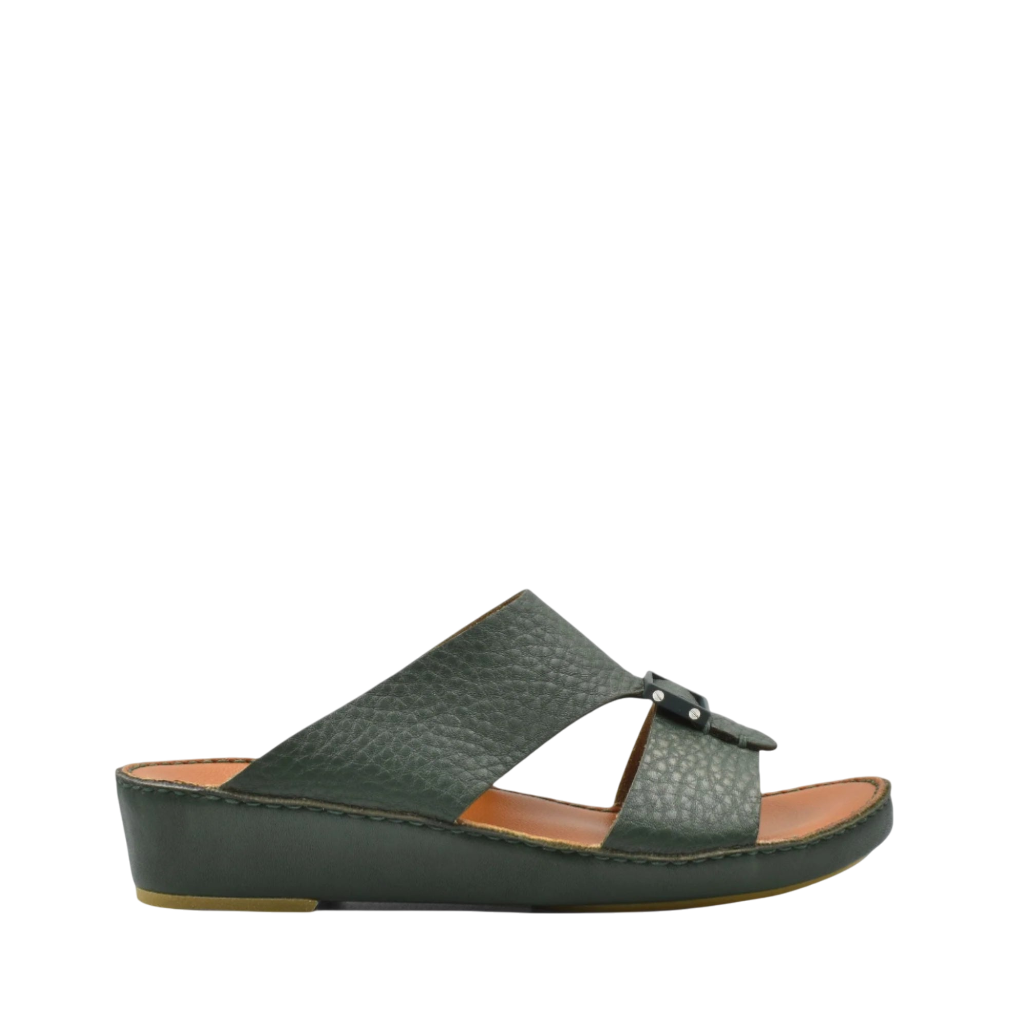 Side view of black luxury leather sandals with textured straps and comfortable wedge sole