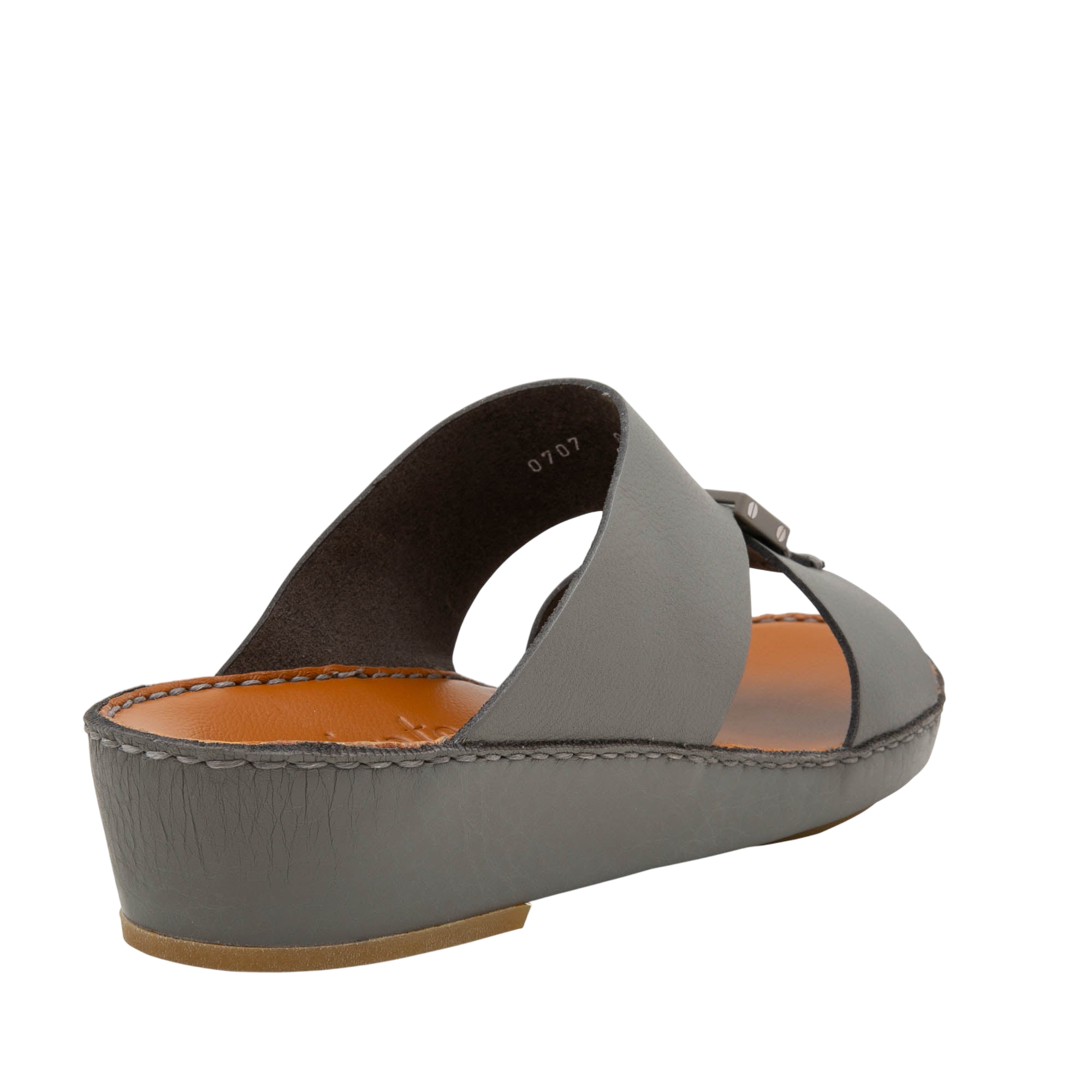 Gray luxury leather sandals with wedge sole and open toe from private collection