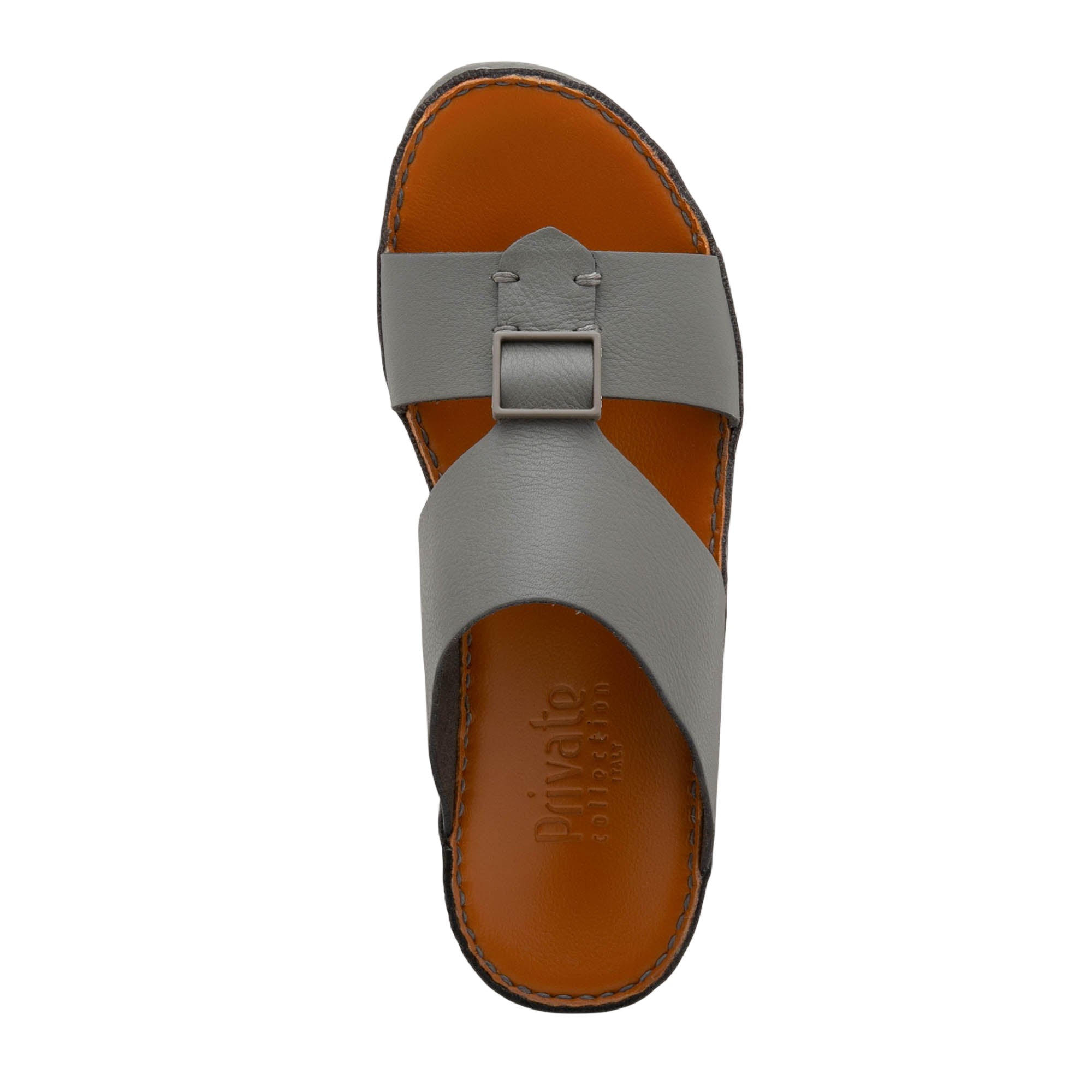 Grey luxury leather sandals with buckle detail and brown cushioned insole from Private Collection