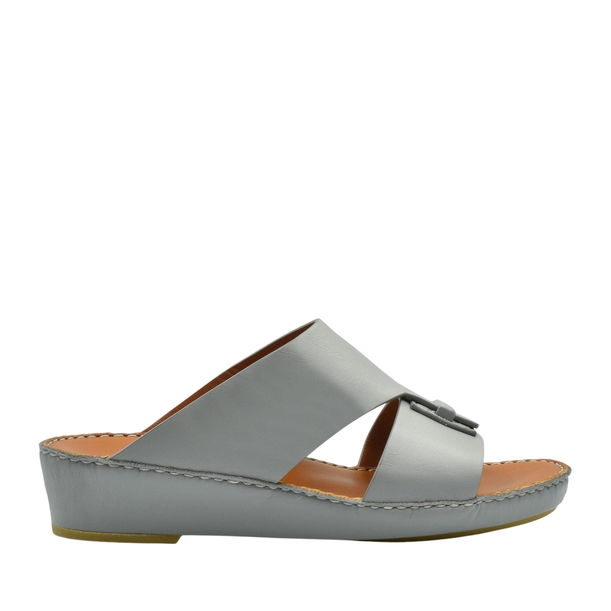 Gray luxury leather sandals with wide crisscross straps and cushioned sole for comfort