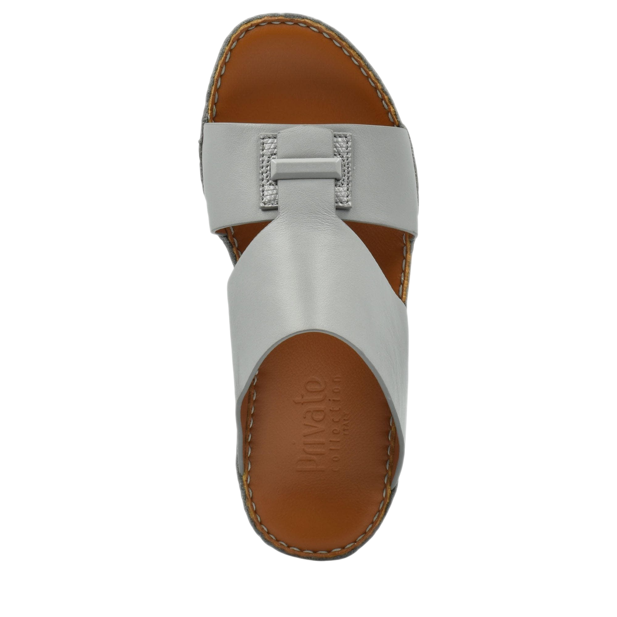 Top view of luxury leather sandals in white with brown cushioned sole by Private Collection