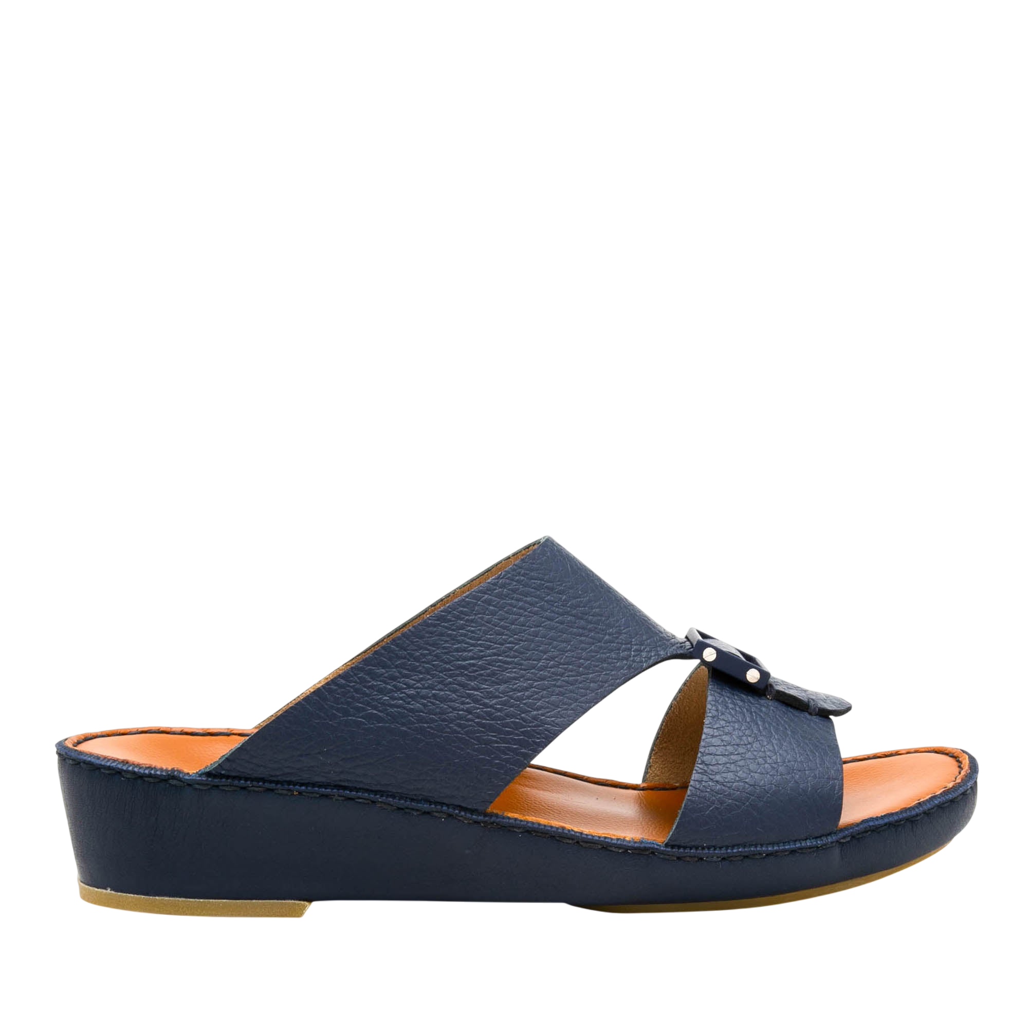 Side view of navy blue luxury leather sandals with cushioned sole from private collection