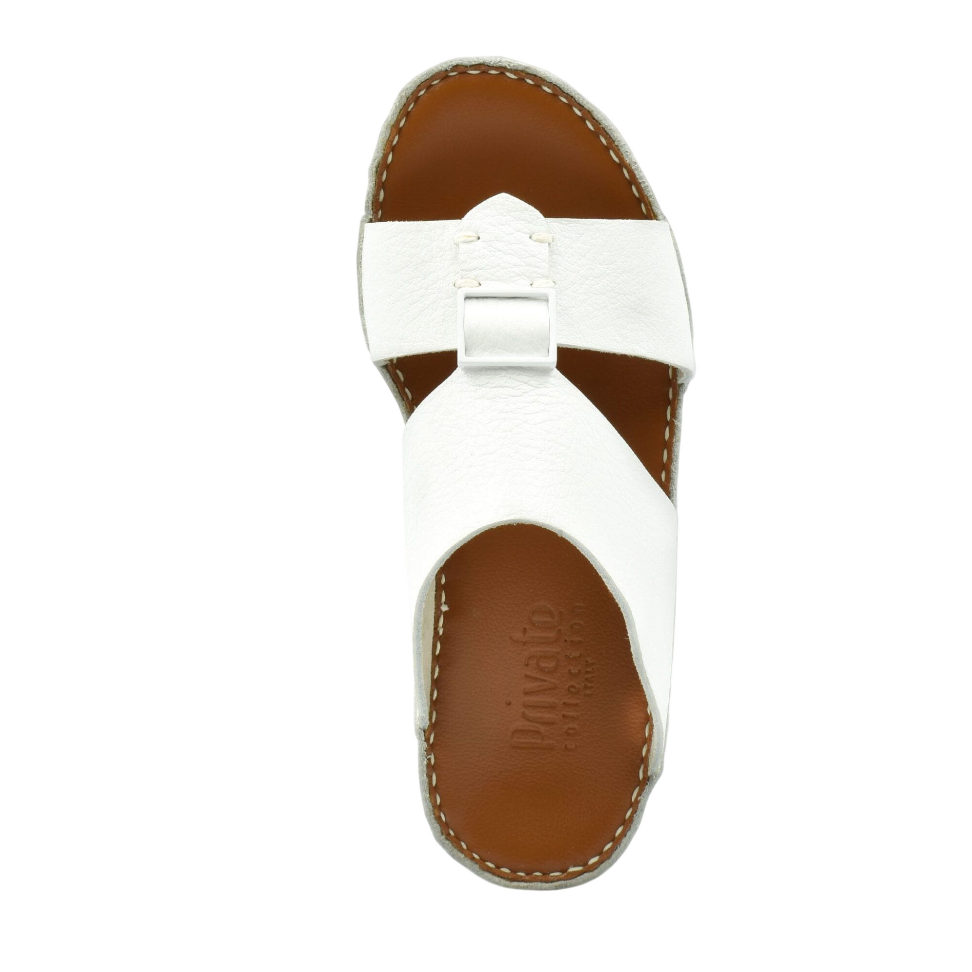 Top view of white luxury leather sandals with brown sole and stitched edges from Private collection