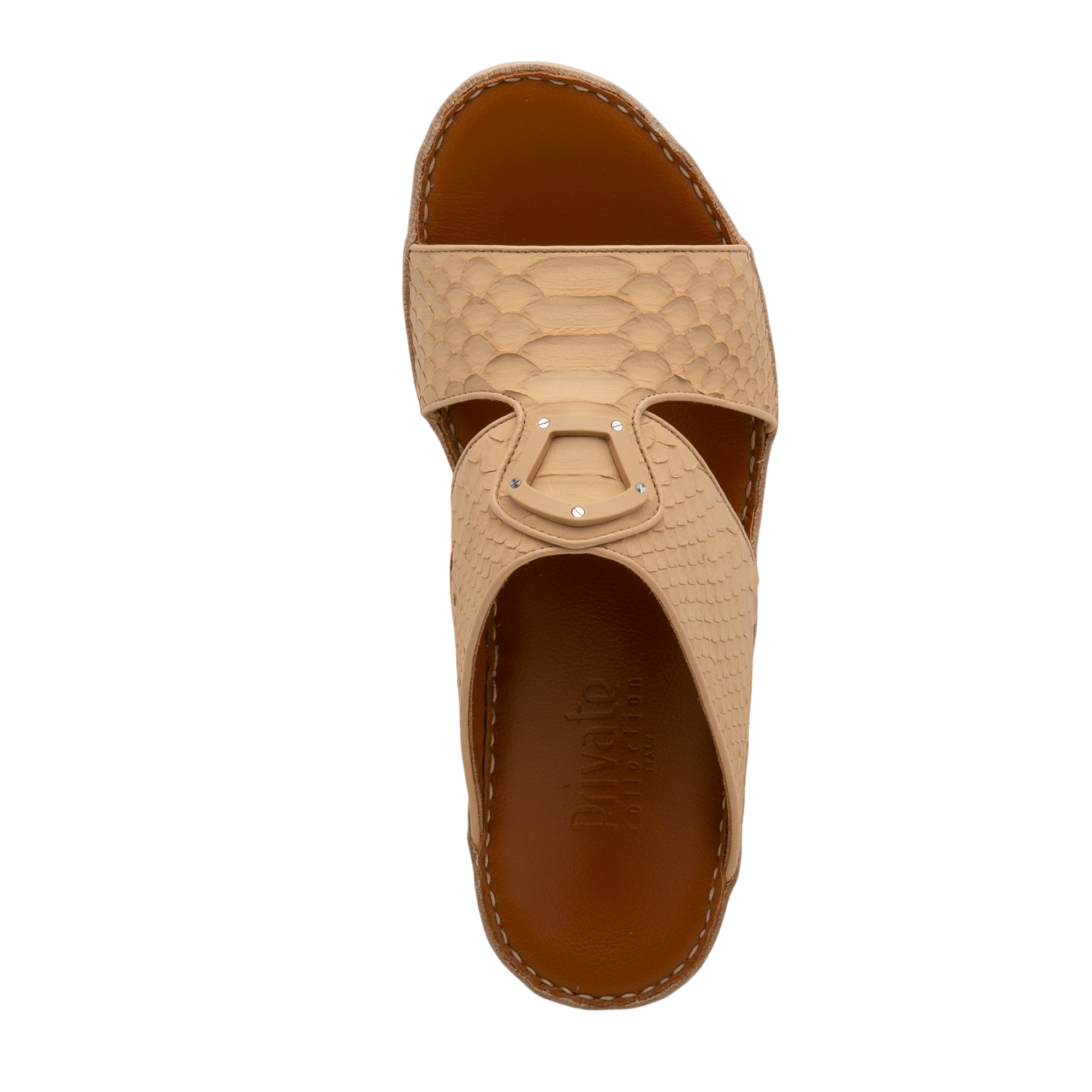Top view of luxury python sandals in beige with detailed textured straps and cushioned brown sole