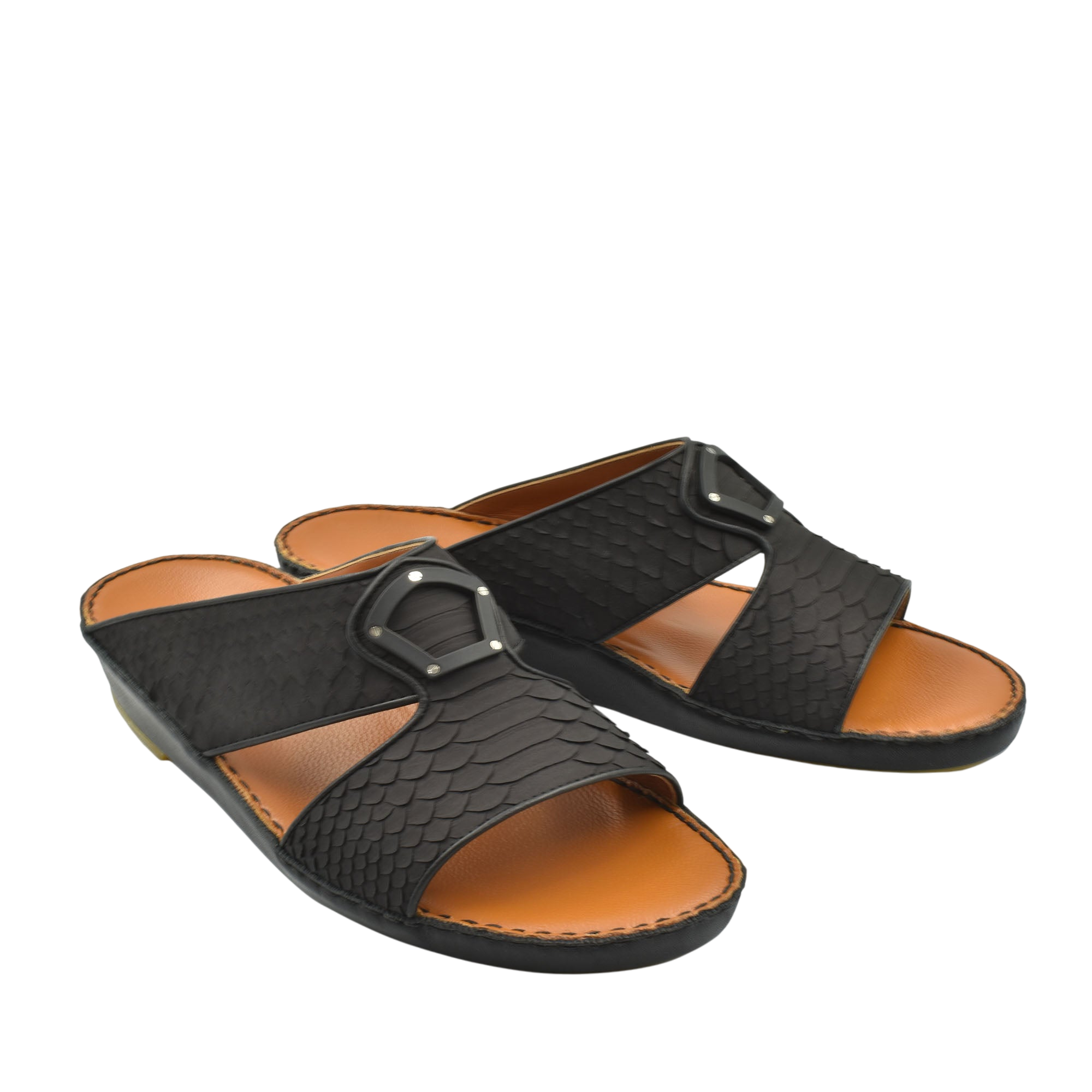 Black luxury python sandals with textured straps and tan cushioned footbed from Private Collection