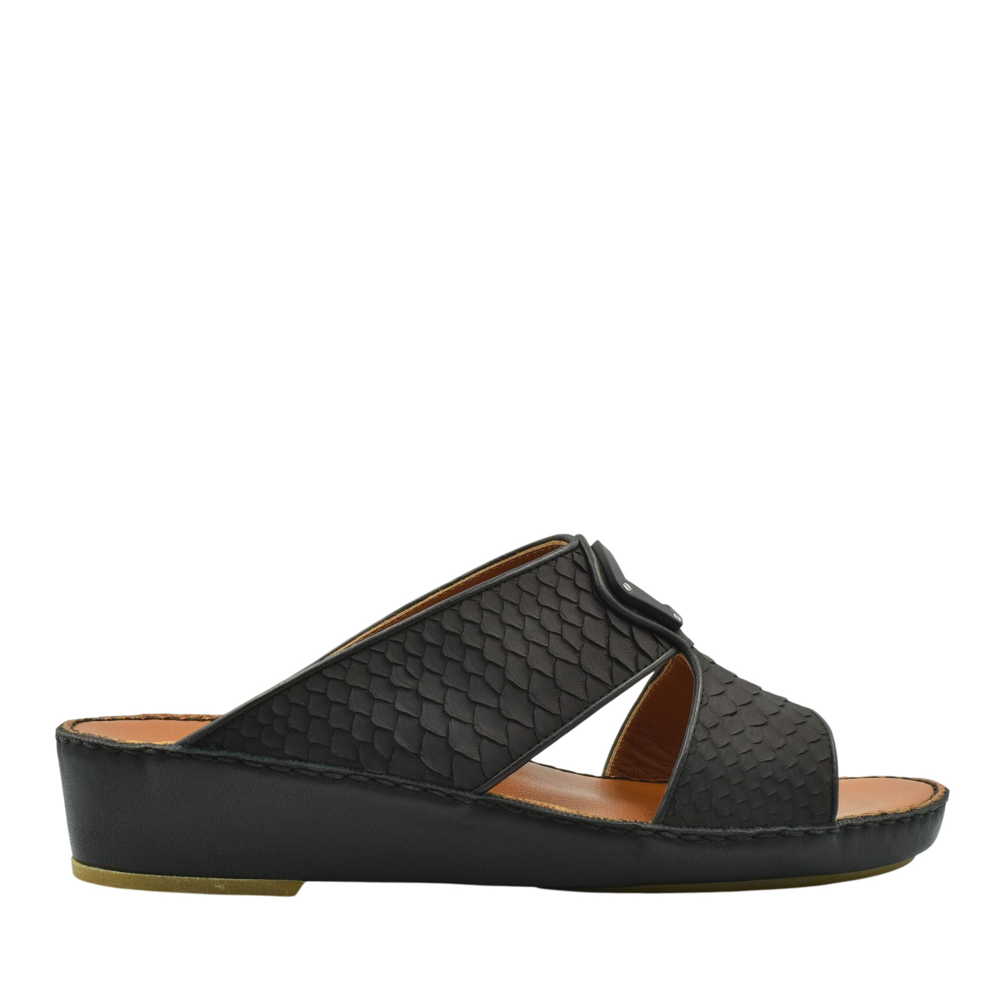 Black luxury python sandals with textured straps and cushioned sole from private collection