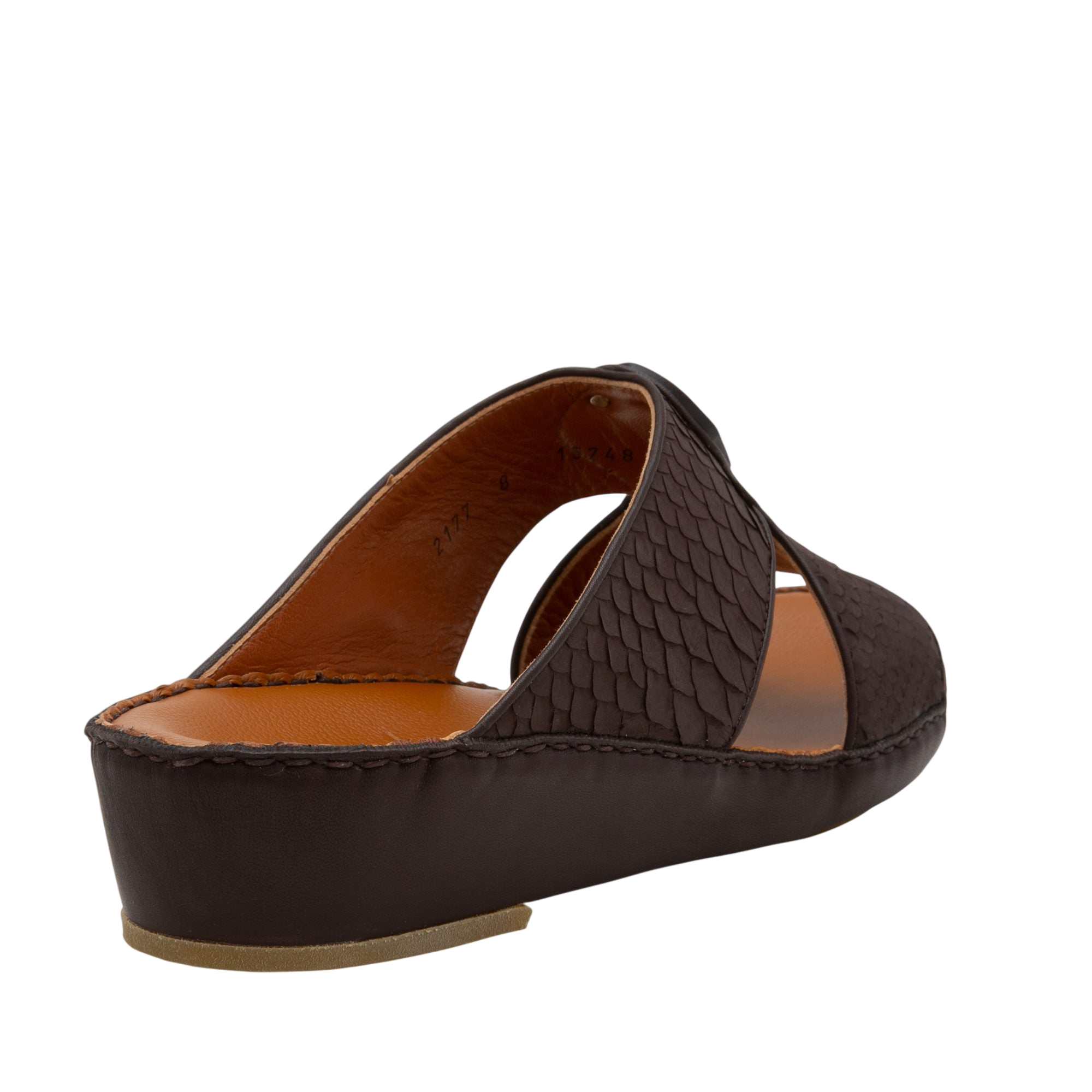 Brown luxury python sandals with textured straps and cushioned sole from Private Collection