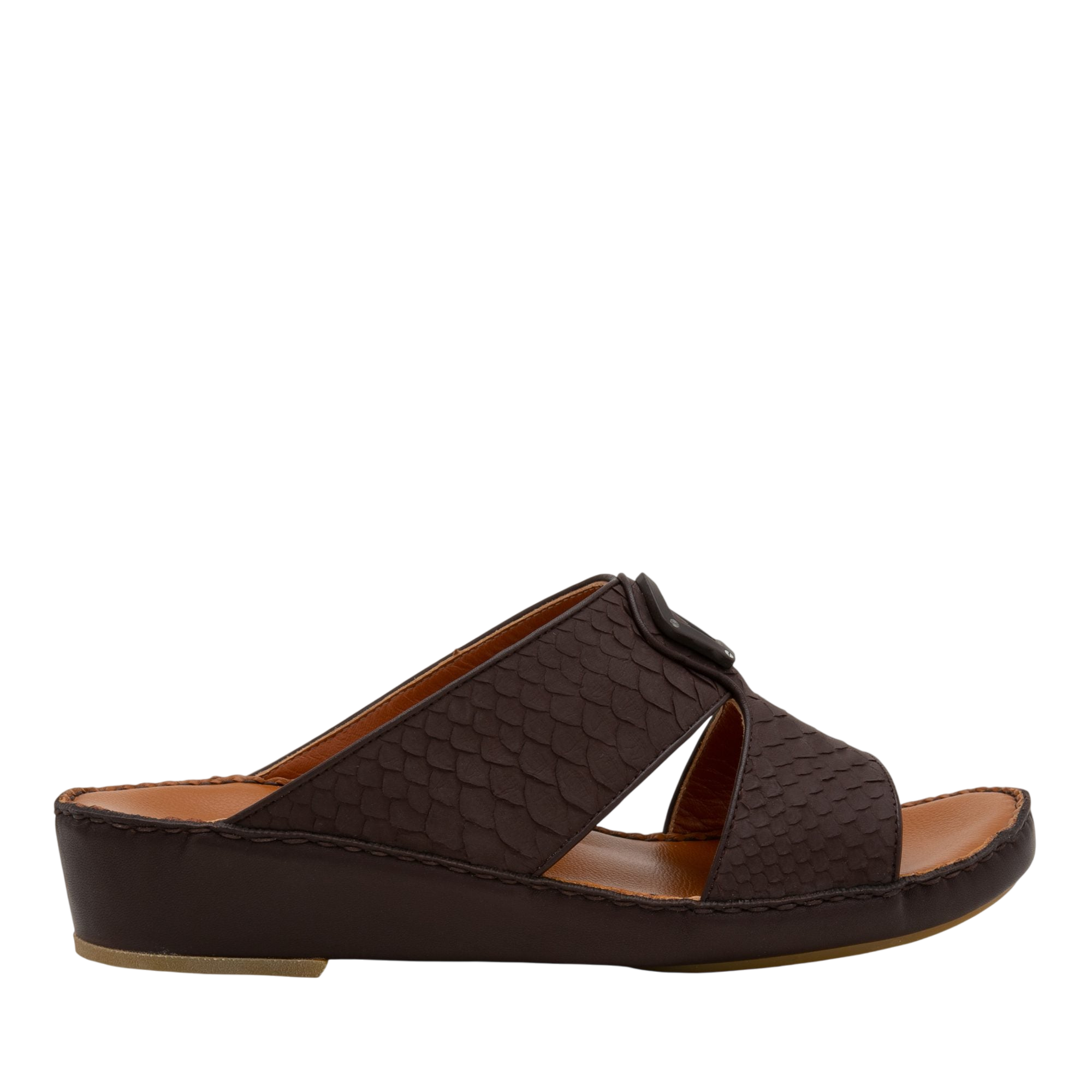 Brown slip-on luxury python sandals with textured leather straps and cushioned sole