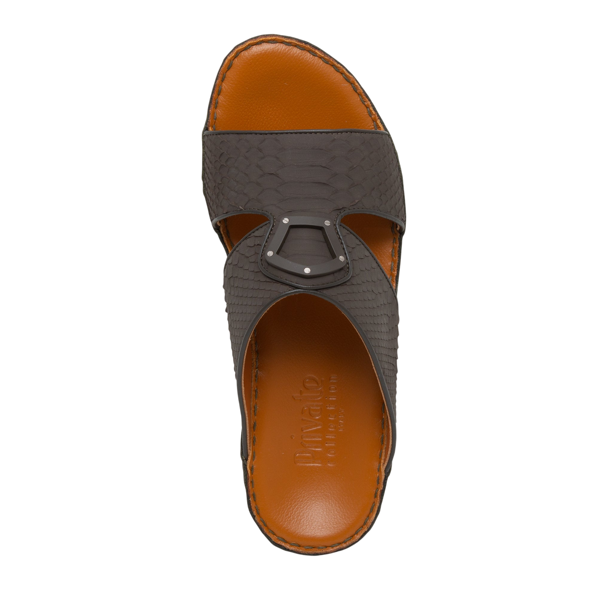 Top view of luxury python sandals with brown leather sole and dark textured snake skin straps