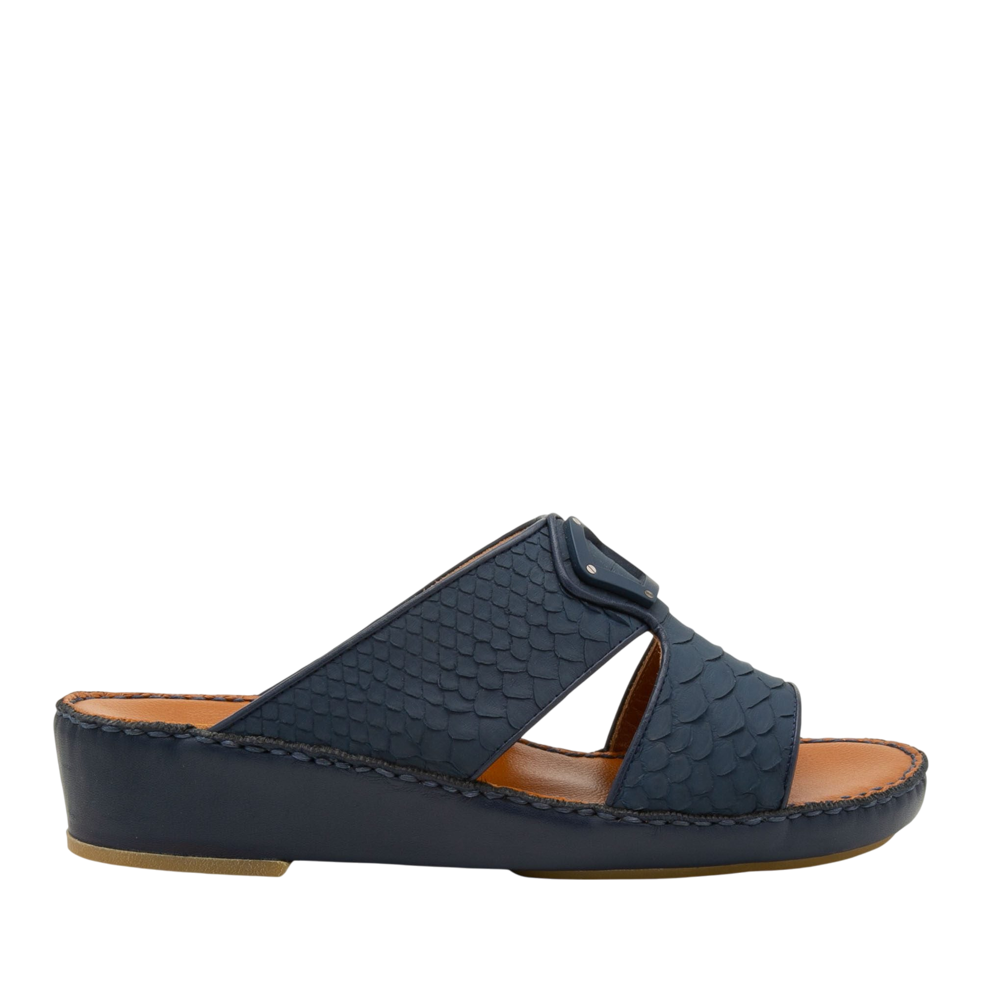 Side view of navy blue luxury python sandals with open toe and cushioned sole