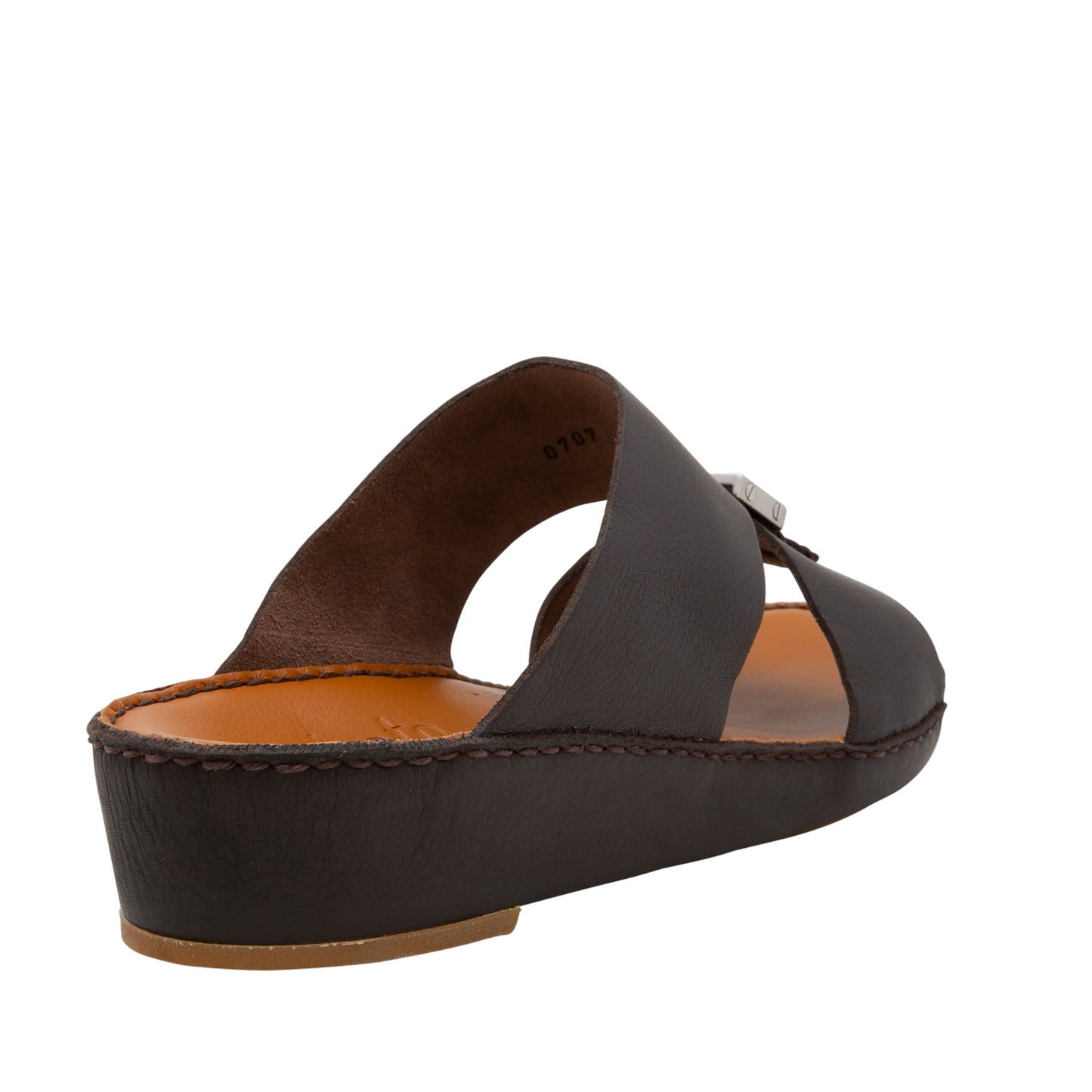 Side view of metallic deercalf slides with brown leather straps and cushioned sole from Private Collection