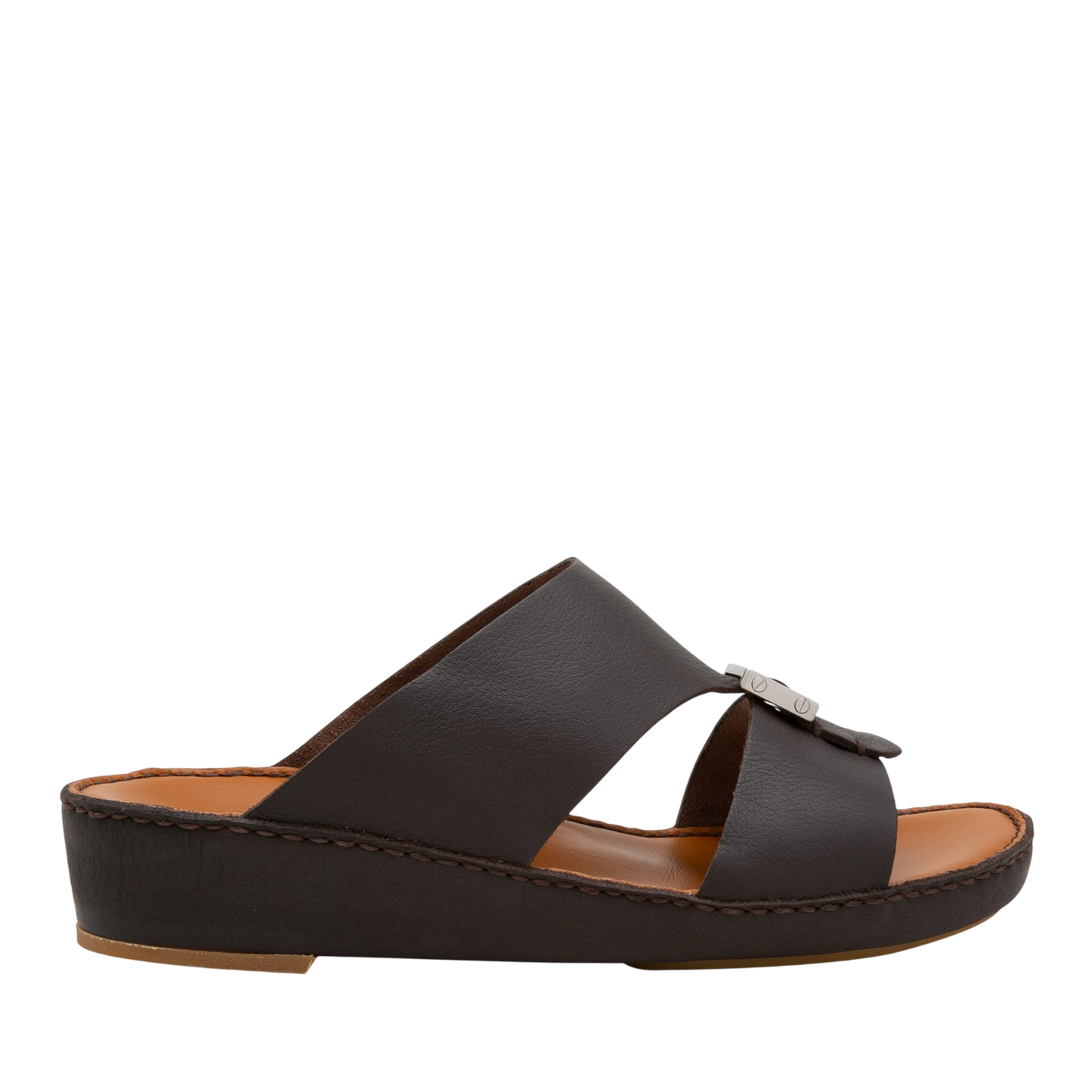 Black metallic deercalf slides with open toe and cushioned sole from Private Collection