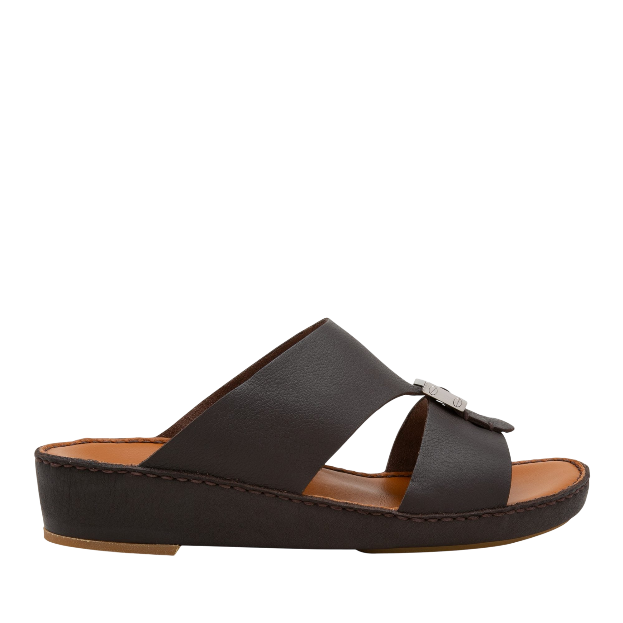 Black metallic deercalf slides with open toe and cushioned sole from Private Collection