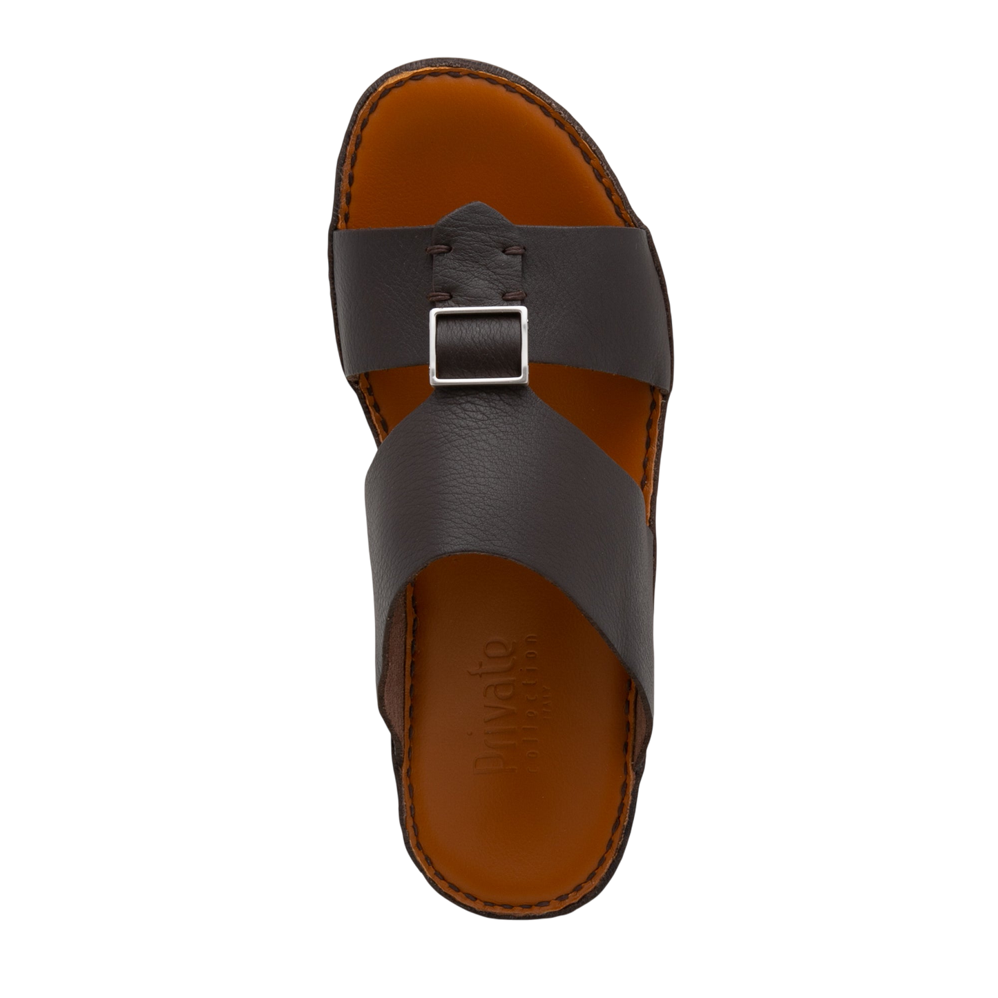 Top view of brown leather metallic deercalf slides with adjustable buckle from Private Collection