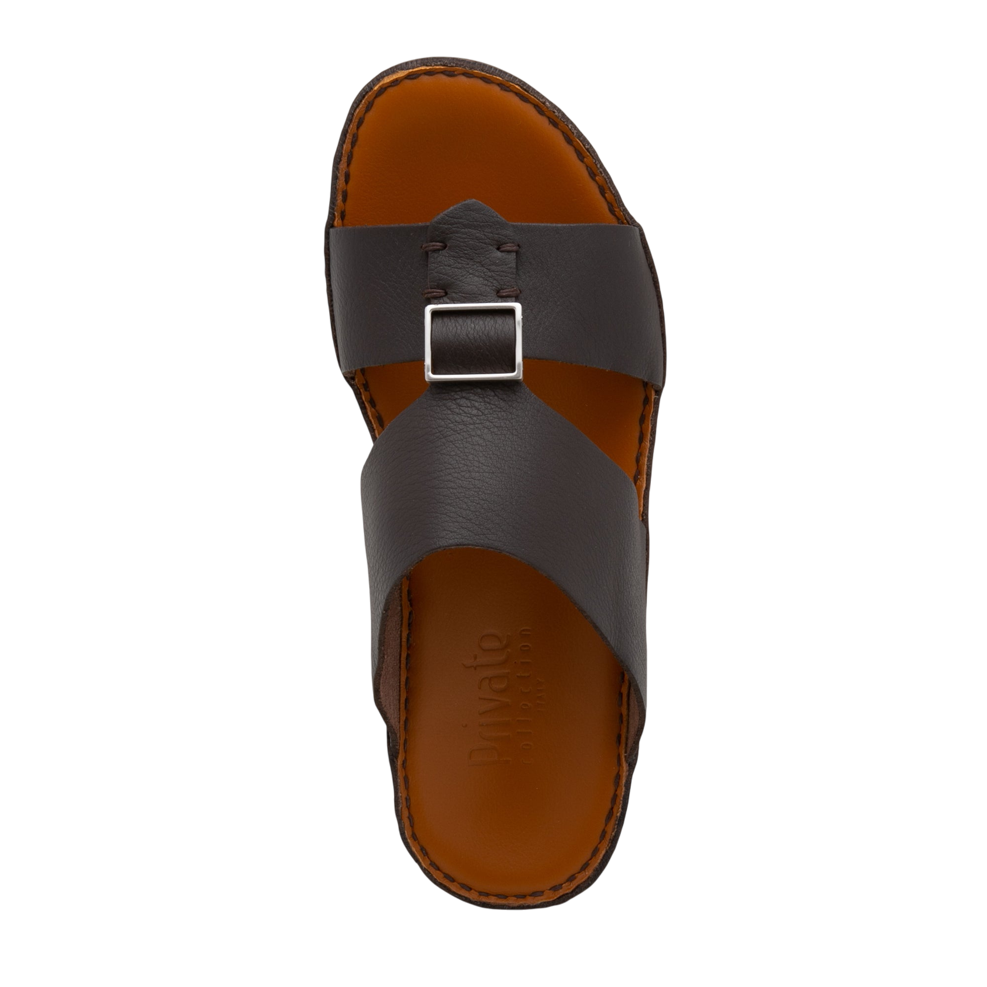 Top view of brown leather metallic deercalf slides with adjustable buckle from Private Collection