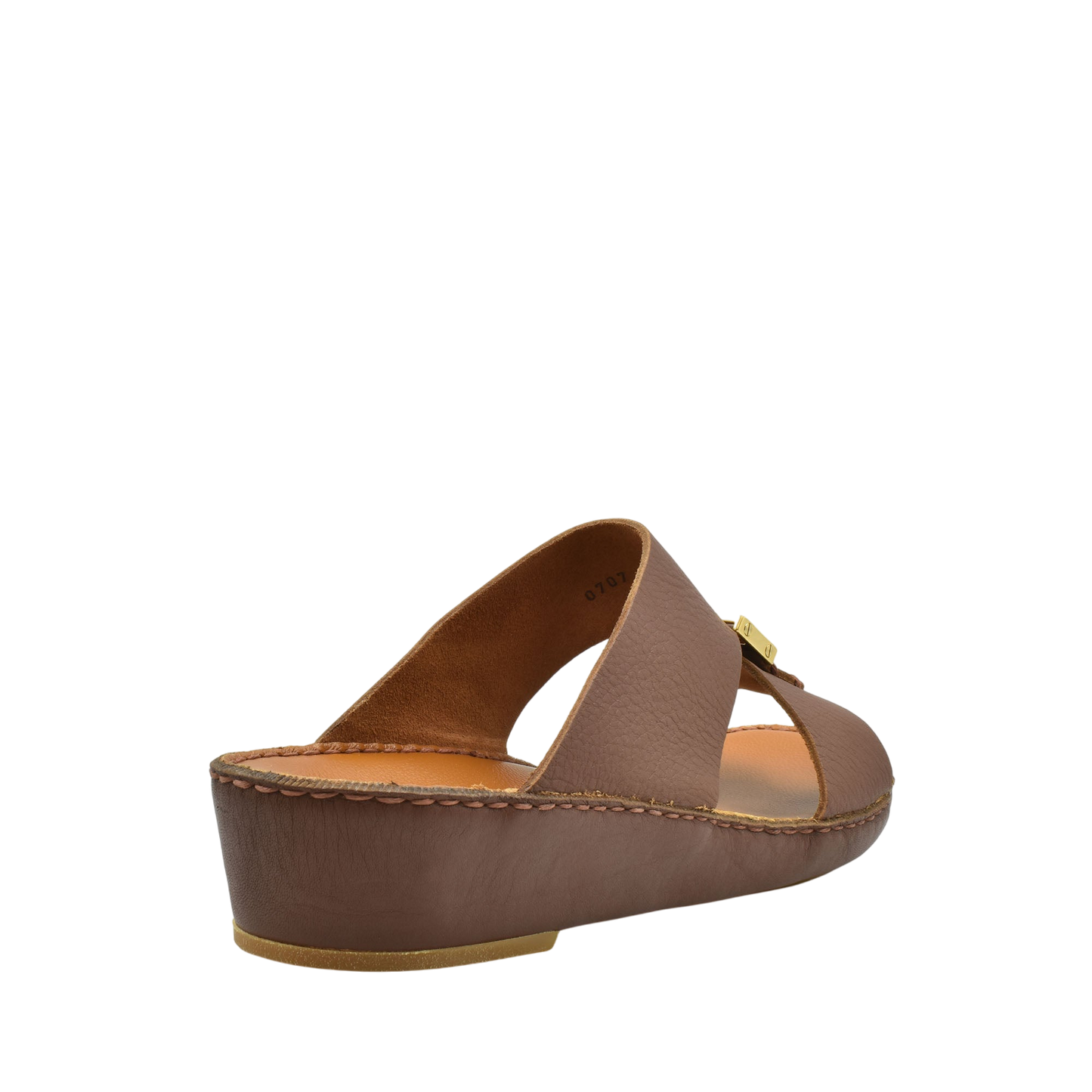 Brown metallic deercalf slides with open toe design and low wedge heel from Private Collection