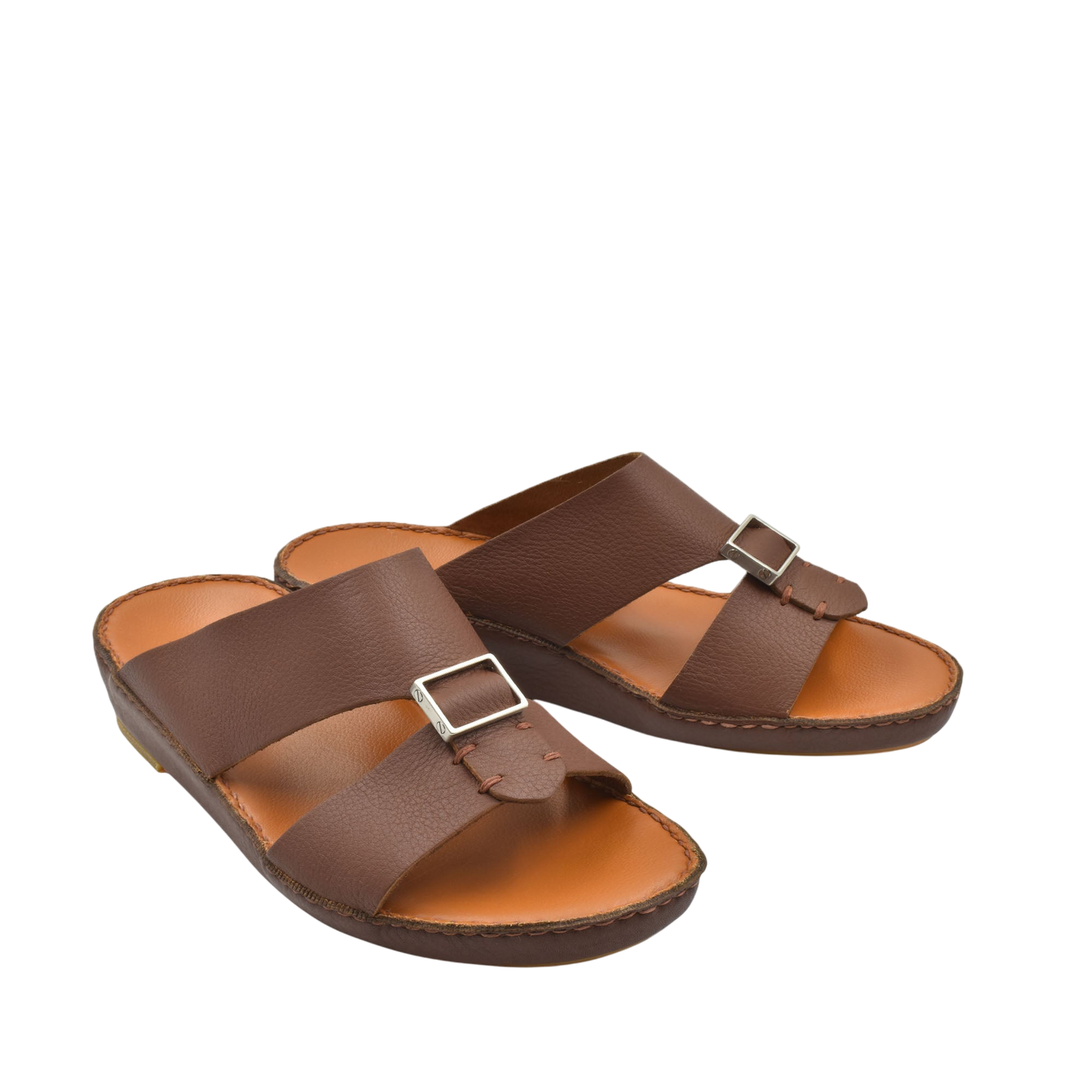 Brown leather metallic deercalf slides with buckle detail and cushioned footbed for comfort