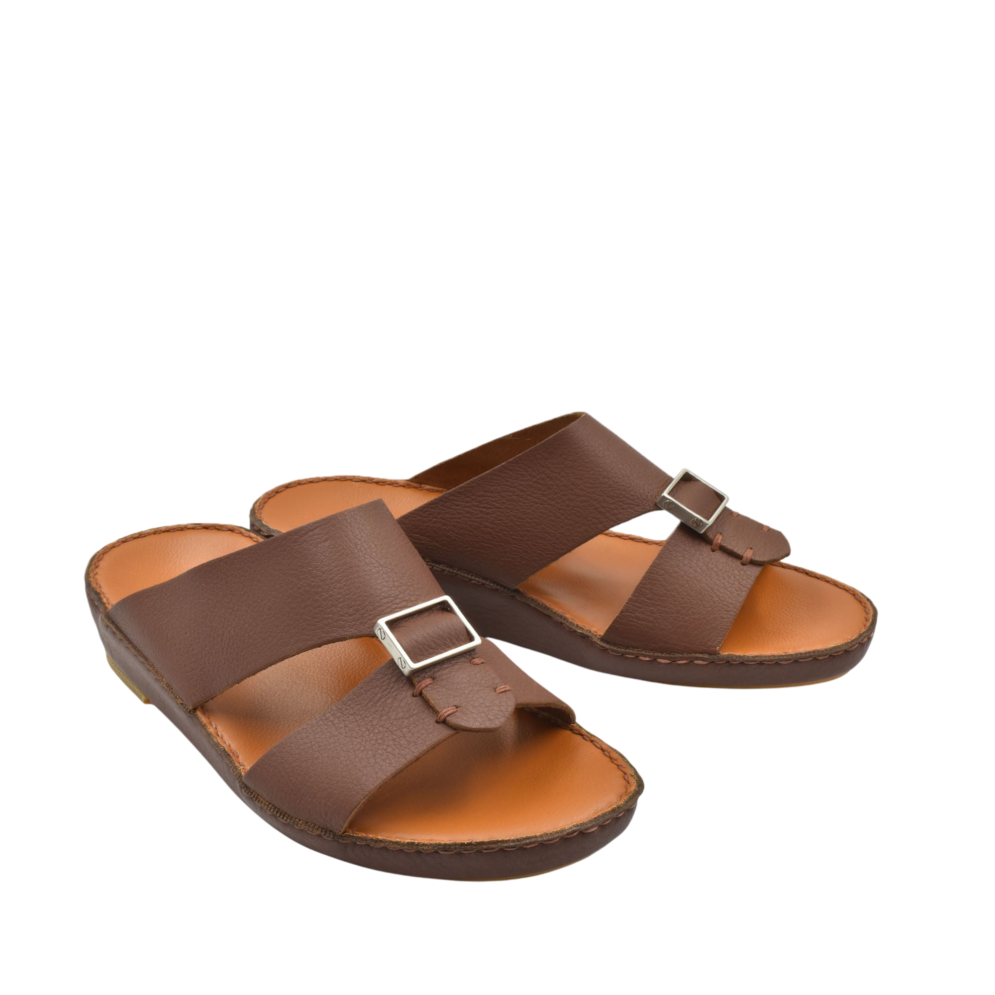 Brown leather metallic deercalf slides with buckle detail and cushioned footbed for comfort