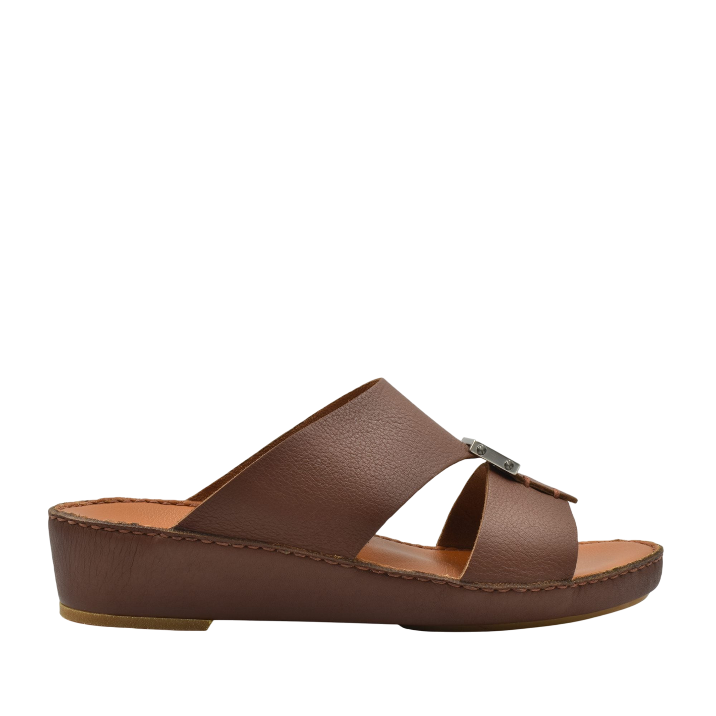 Brown metallic deercalf slides with wedge heel and leather straps from Private Collection