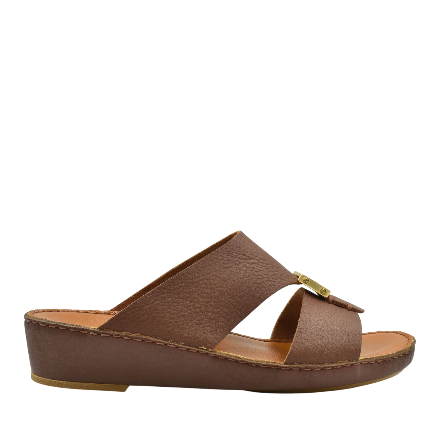 Brown metallic deercalf slides with a low wedge heel and open toe design from Private collection