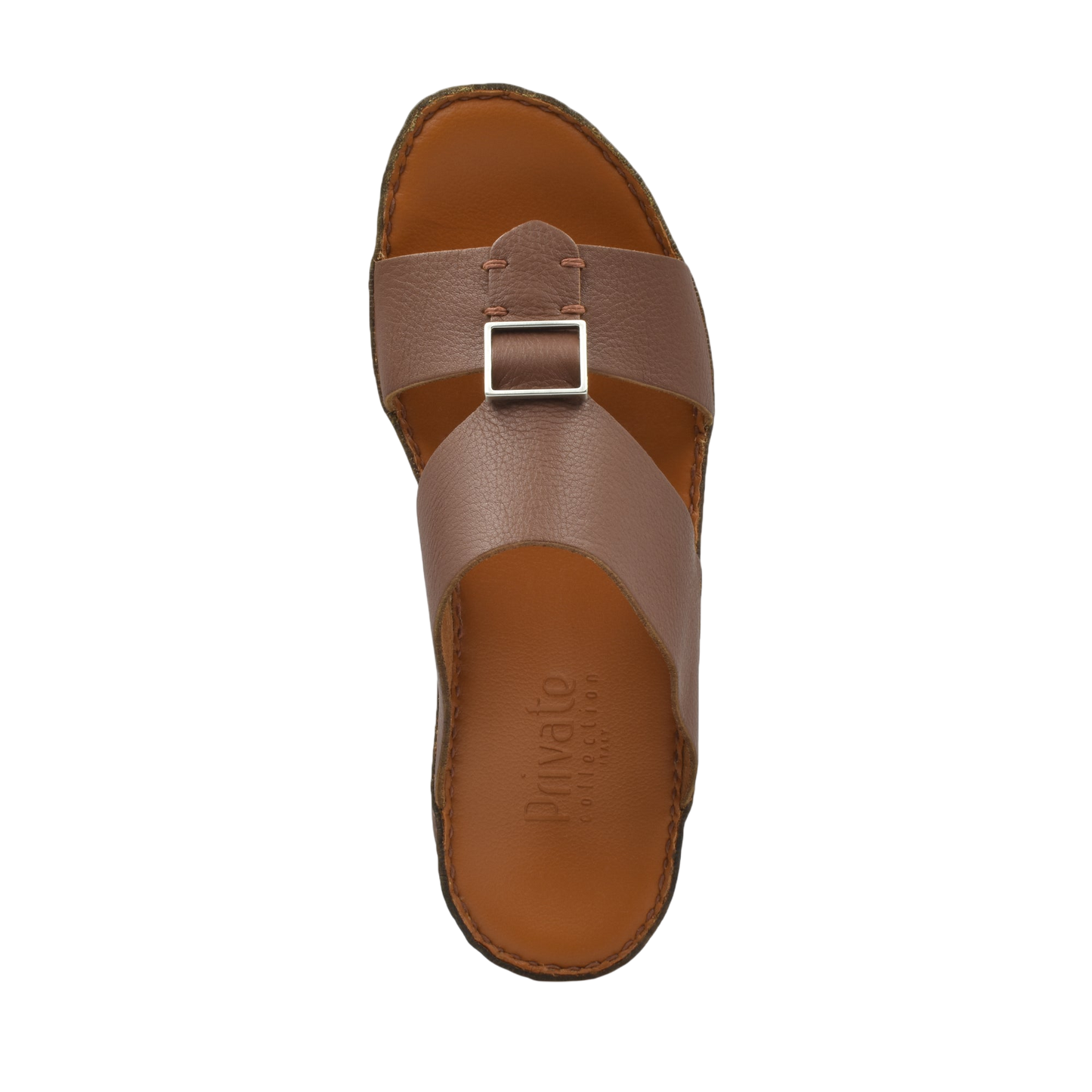 Single brown metallic deercalf slides with buckle strap and cushioned footbed from Private collection