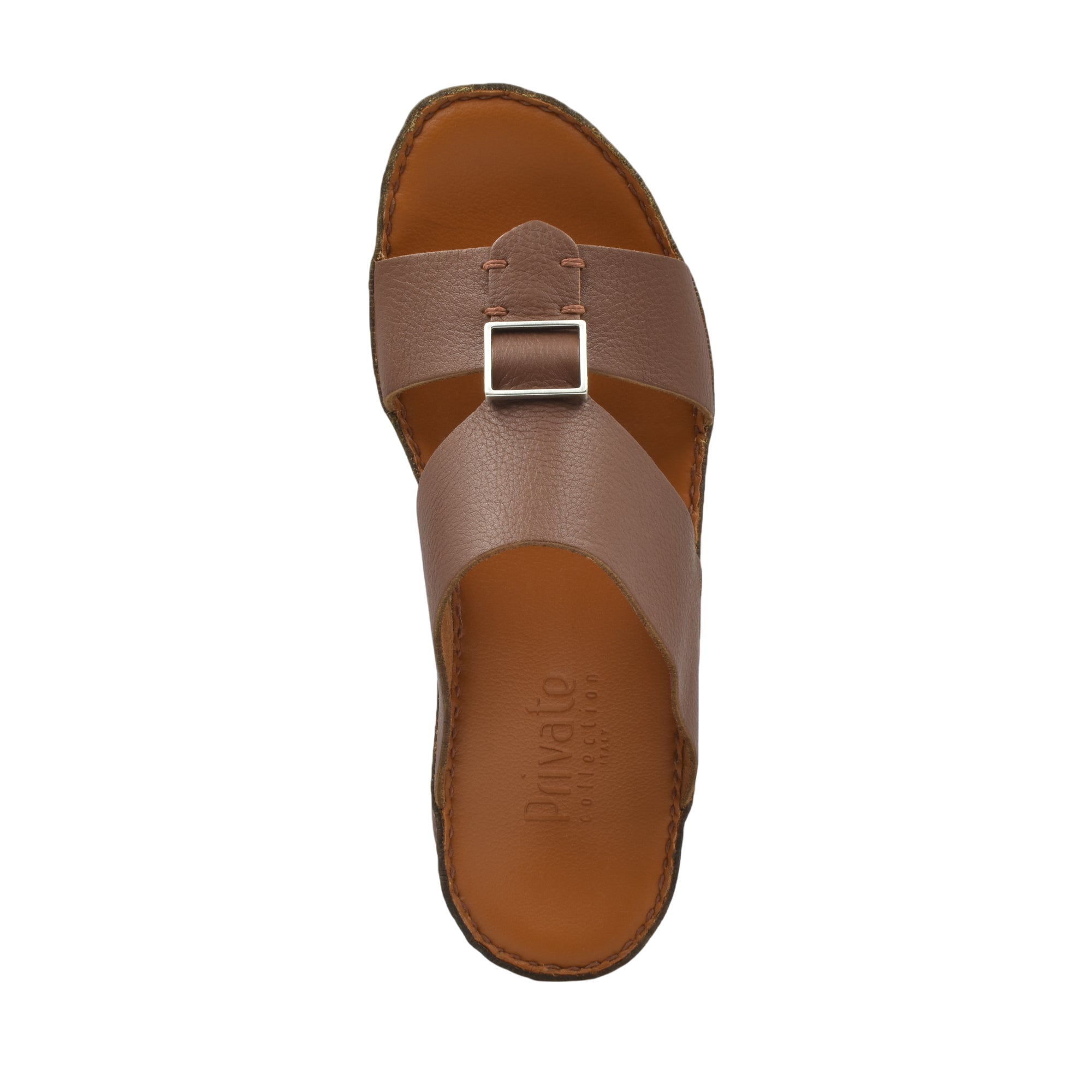 Single brown metallic deercalf slides with buckle strap and cushioned footbed from Private collection