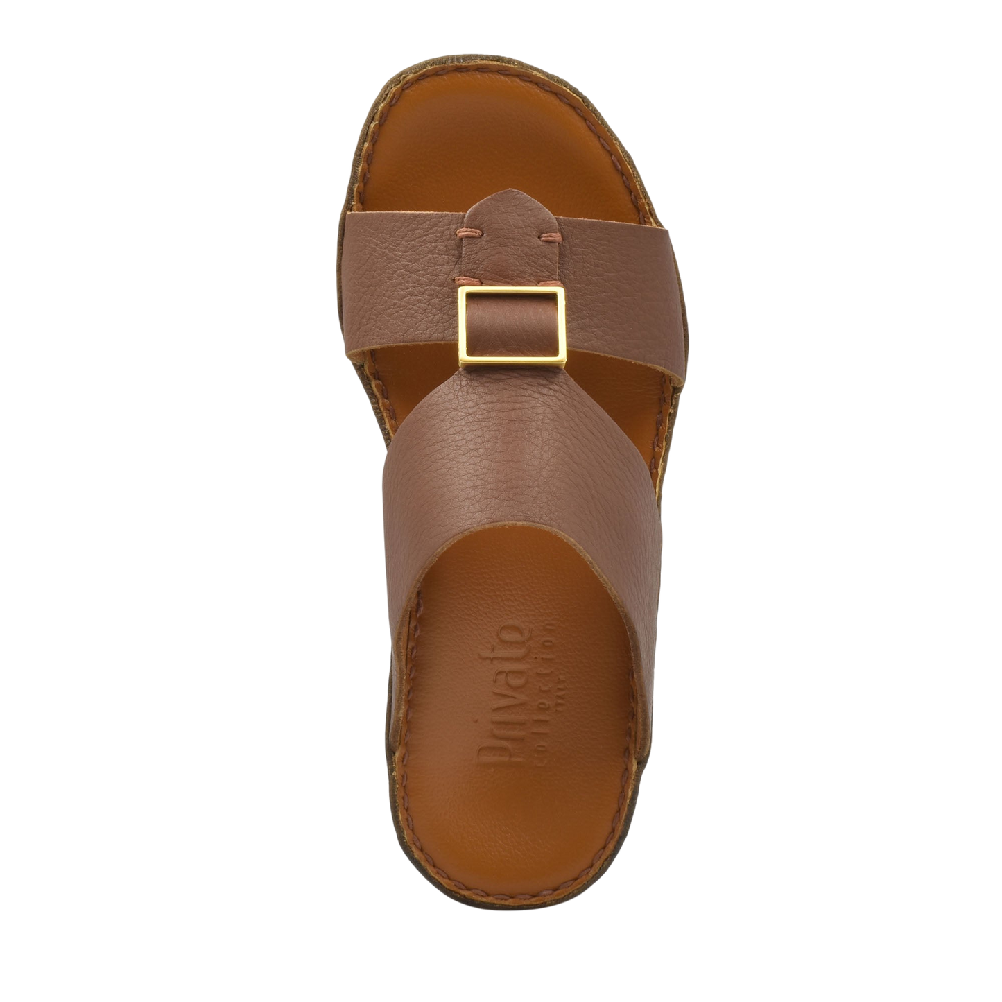 Top view of brown metallic deercalf slides with buckle detail and cushioned footbed