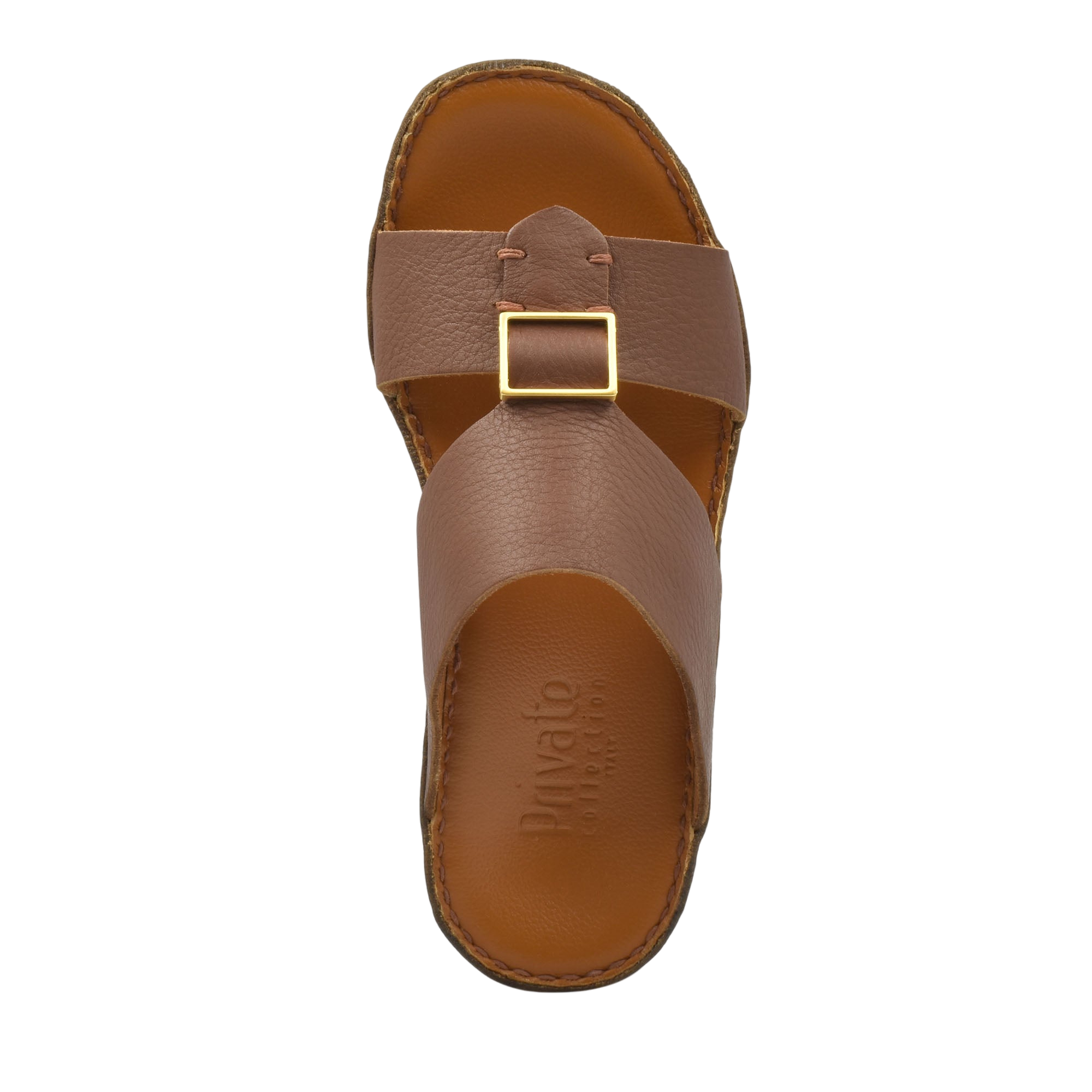 Top view of brown metallic deercalf slides with buckle detail and cushioned footbed