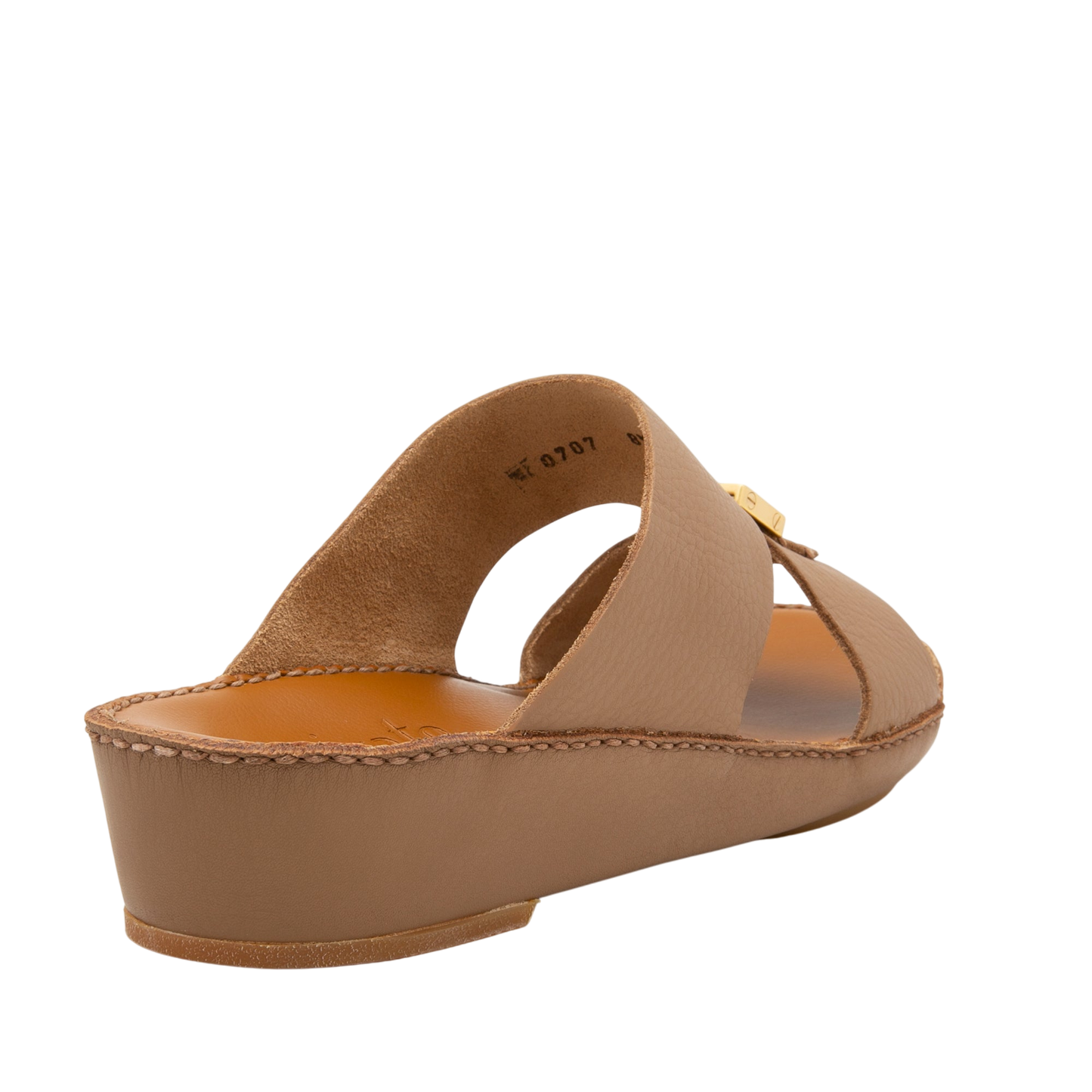 Beige metallic deercalf slides with a low wedge heel and gold buckle detail from Private Collection