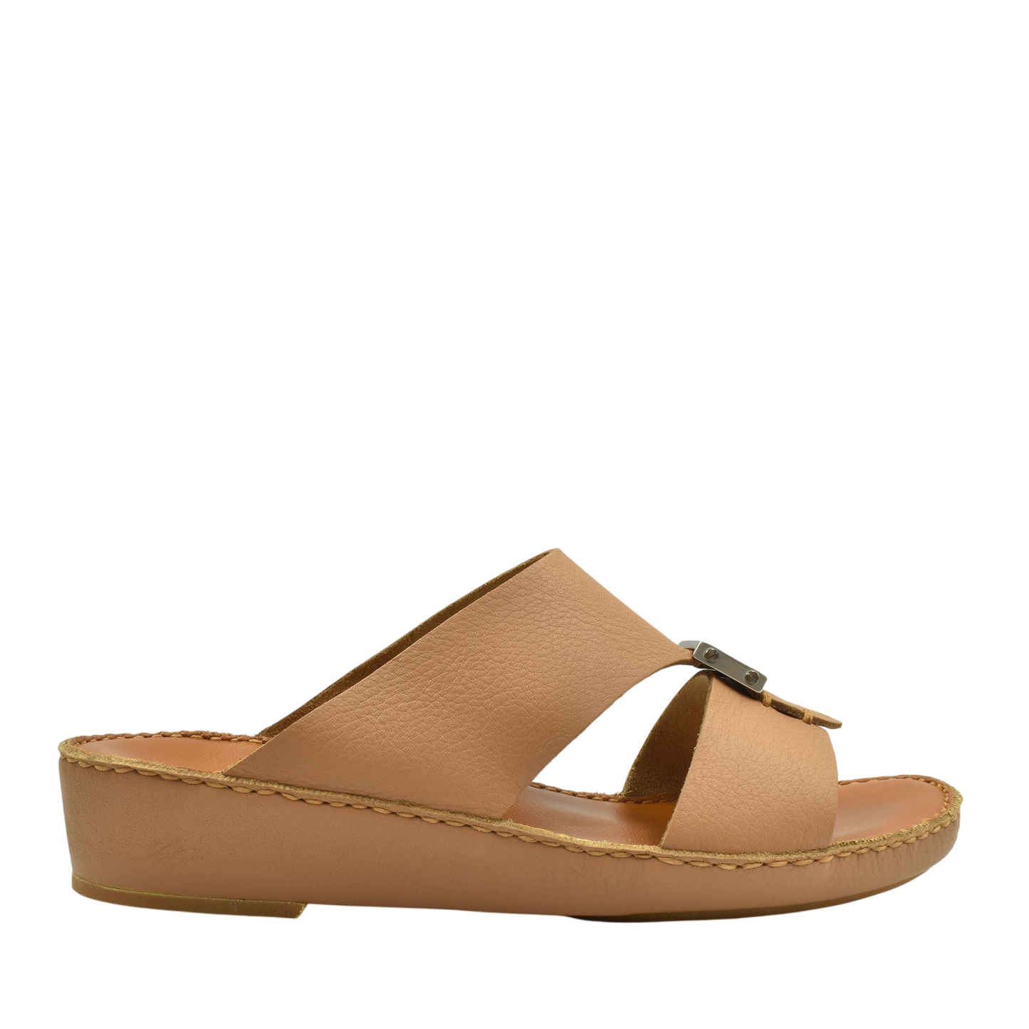 Tan variable metallic deercalf slides with open toe and decorative buckle from Private Collection