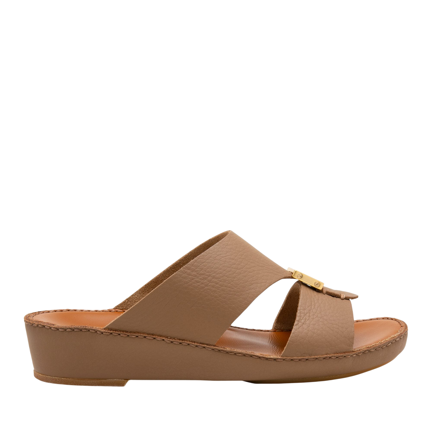 Side view of taupe leather metallic deercalf slides with open toe and low wedge heel